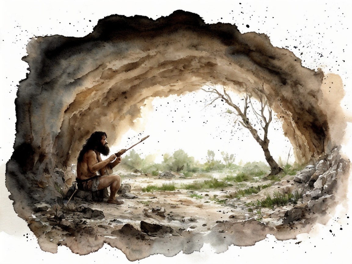 Prehistoric Figure in Cave with Spear and Landscape