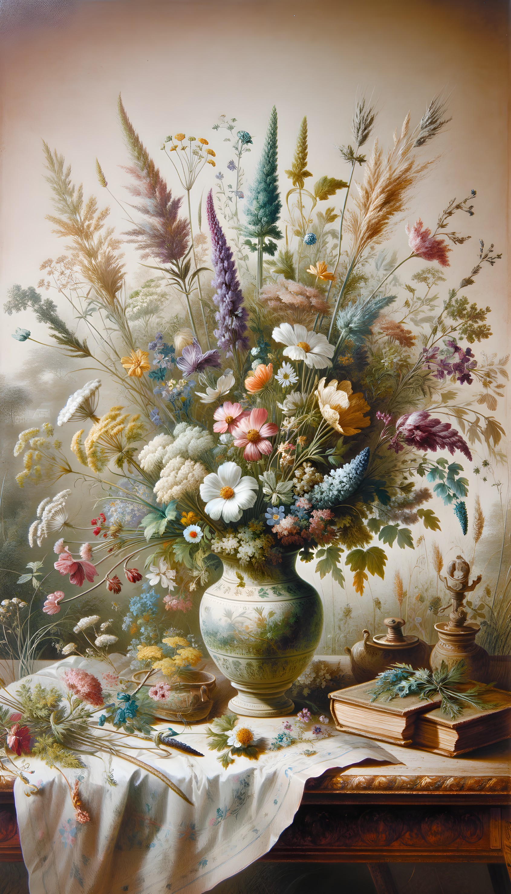 Vibrant bouquet in decorated vase with books and sculptures on wooden table