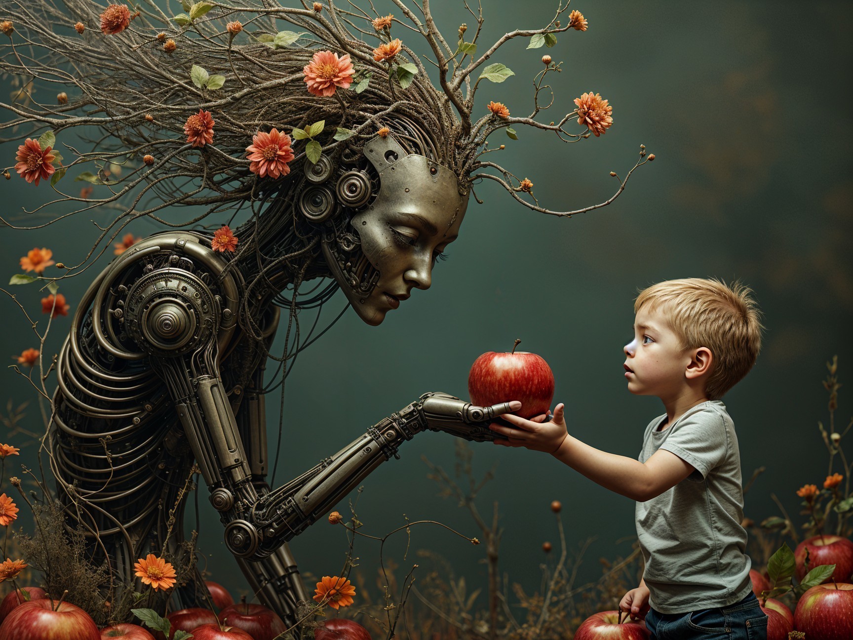Metallic Robot with Vines Offers Apple to Boy