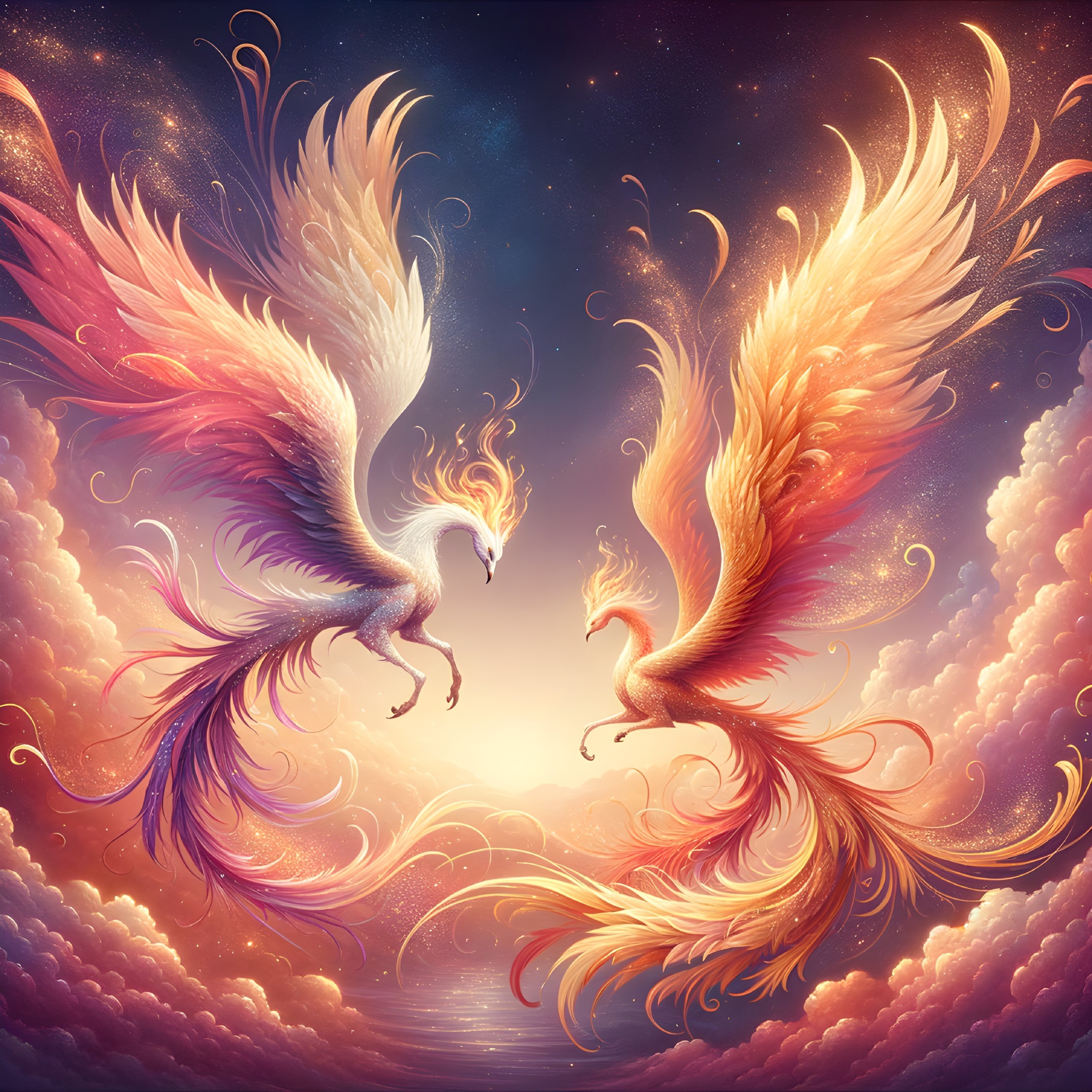 Fiery mythical phoenixes in cosmic setting