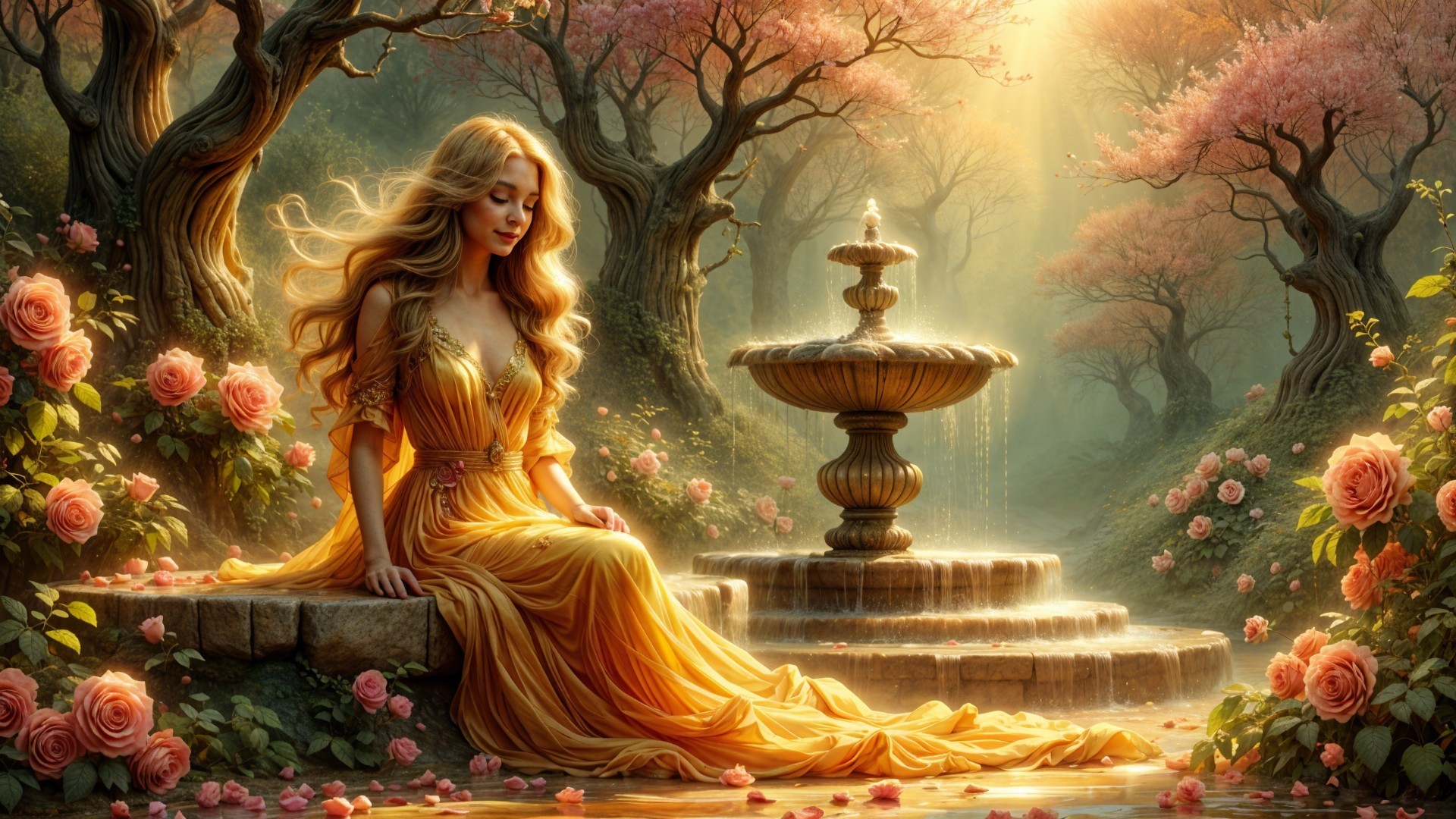 Woman in Golden Dress by Stone Fountain in Forest