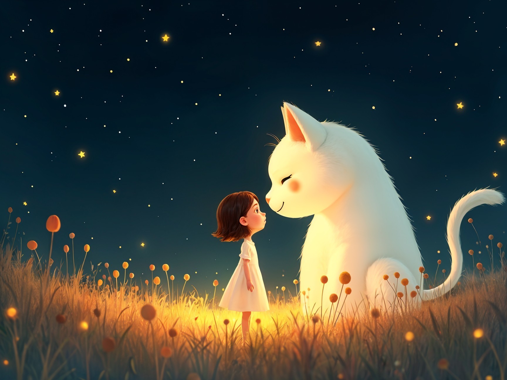 Magical Night with Girl and Fluffy White Cat