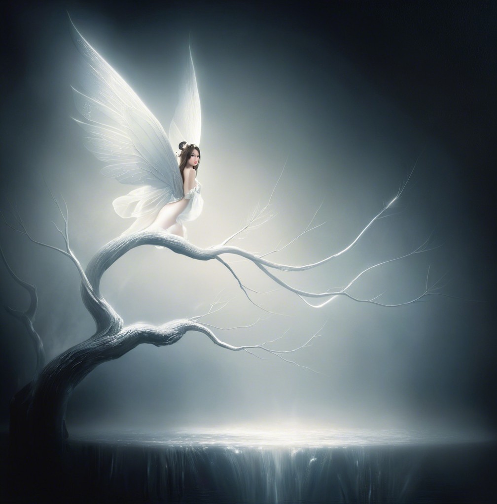Fairy on a White Tree Branch in a Dreamlike Setting