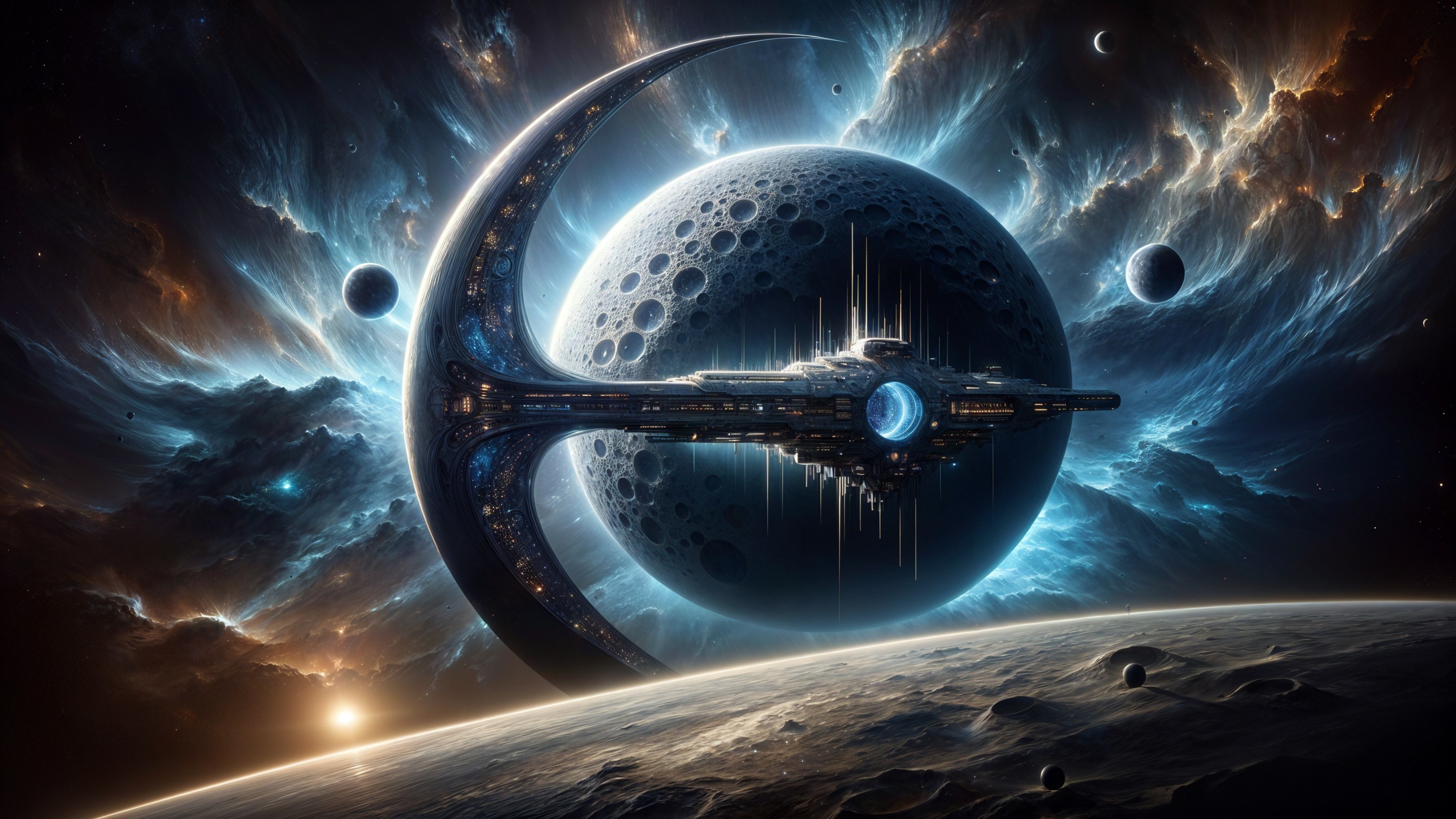 Futuristic Space Scene with Ringed Spaceship and Planet