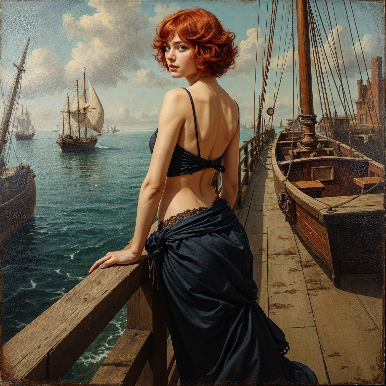 Woman with Red Hair Overlooking Harbor Scene