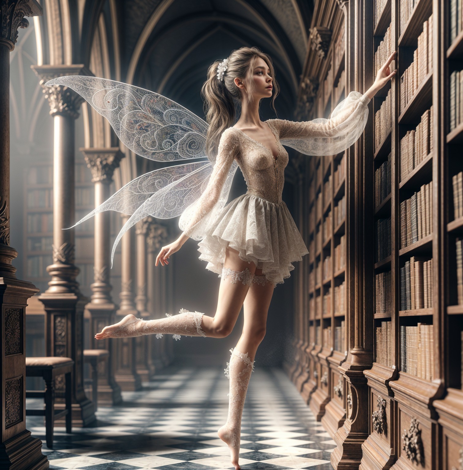 Fairy in Lace Bodice Posing in Grand Library