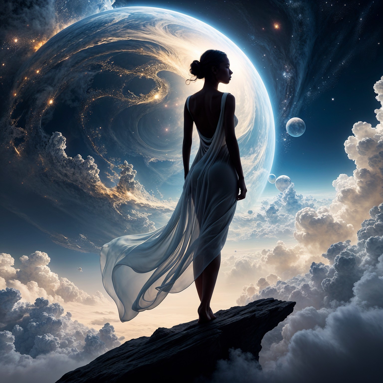 Silhouetted Figure Overlooking Cosmic Scene