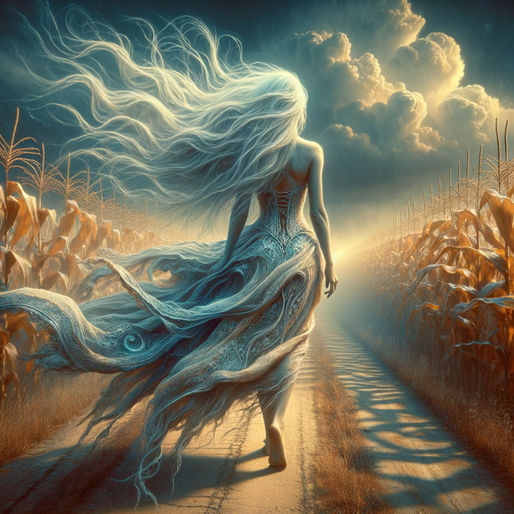Ethereal Figure in Gown on Golden Dirt Path