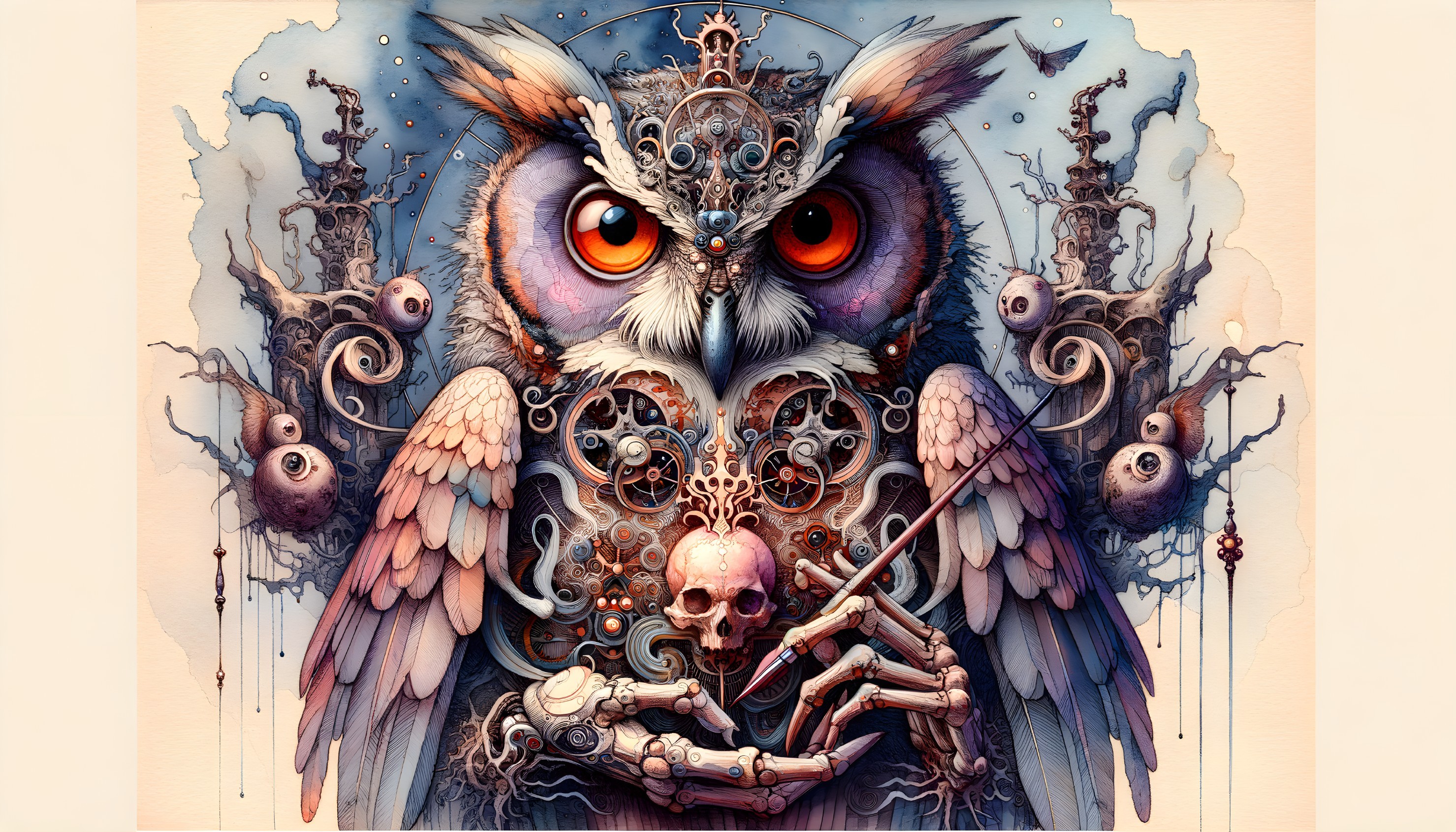 Steampunk owl artwork with mechanical elements and skull integration.