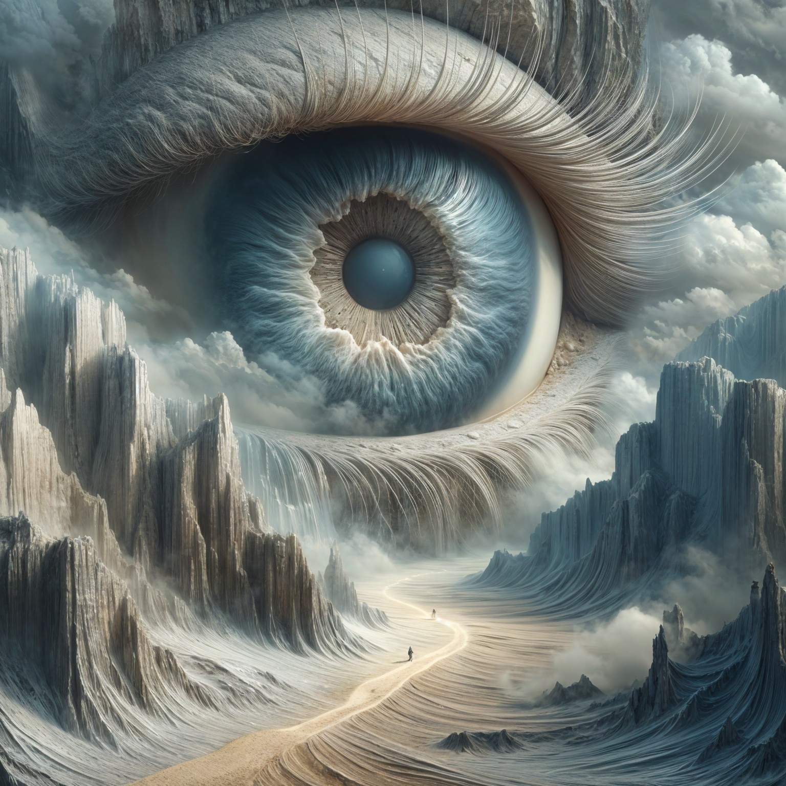 Surreal Landscape with Colossal Eye and Mountains