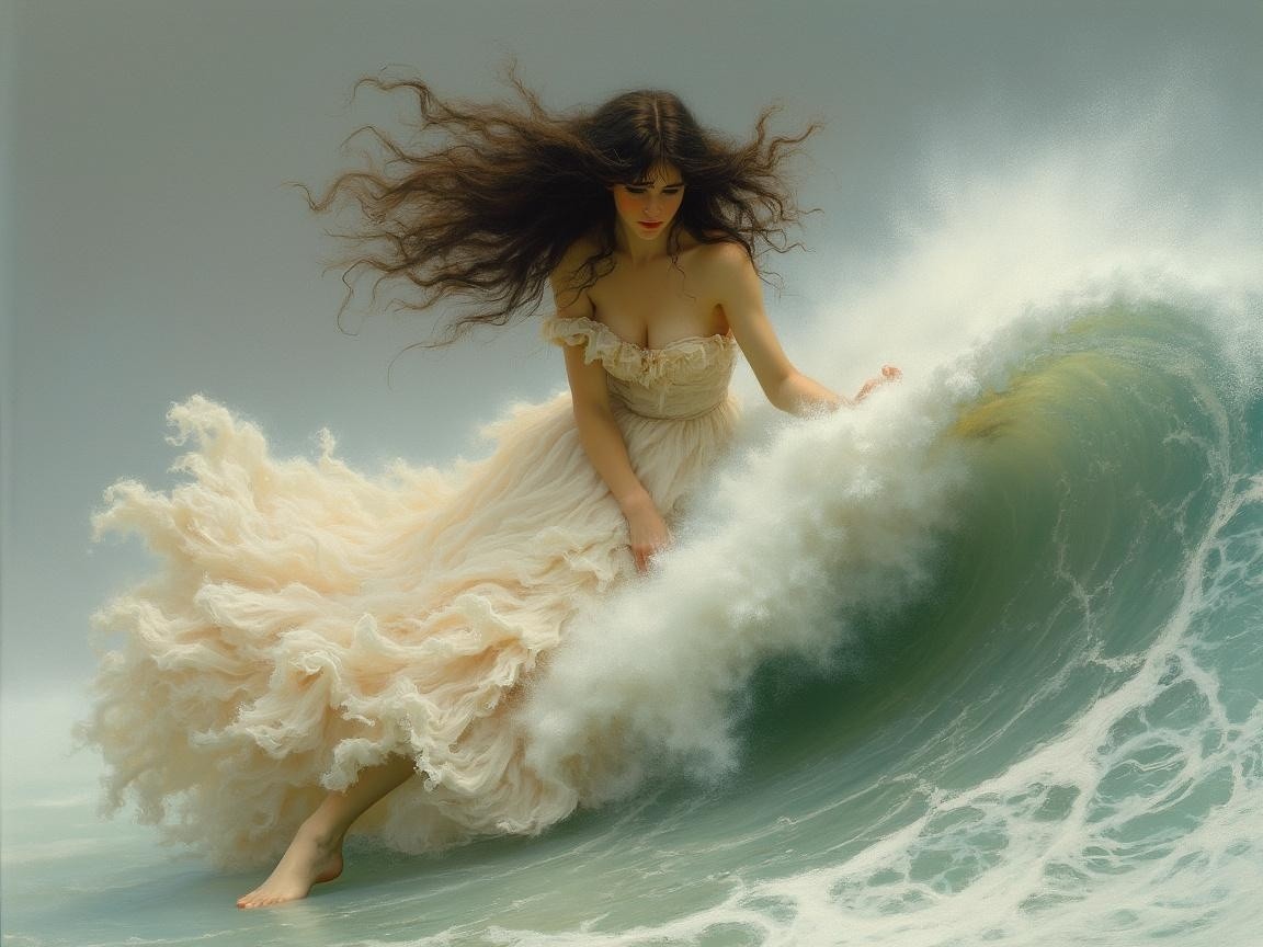 Woman in Ethereal Gown Amidst Ocean Waves