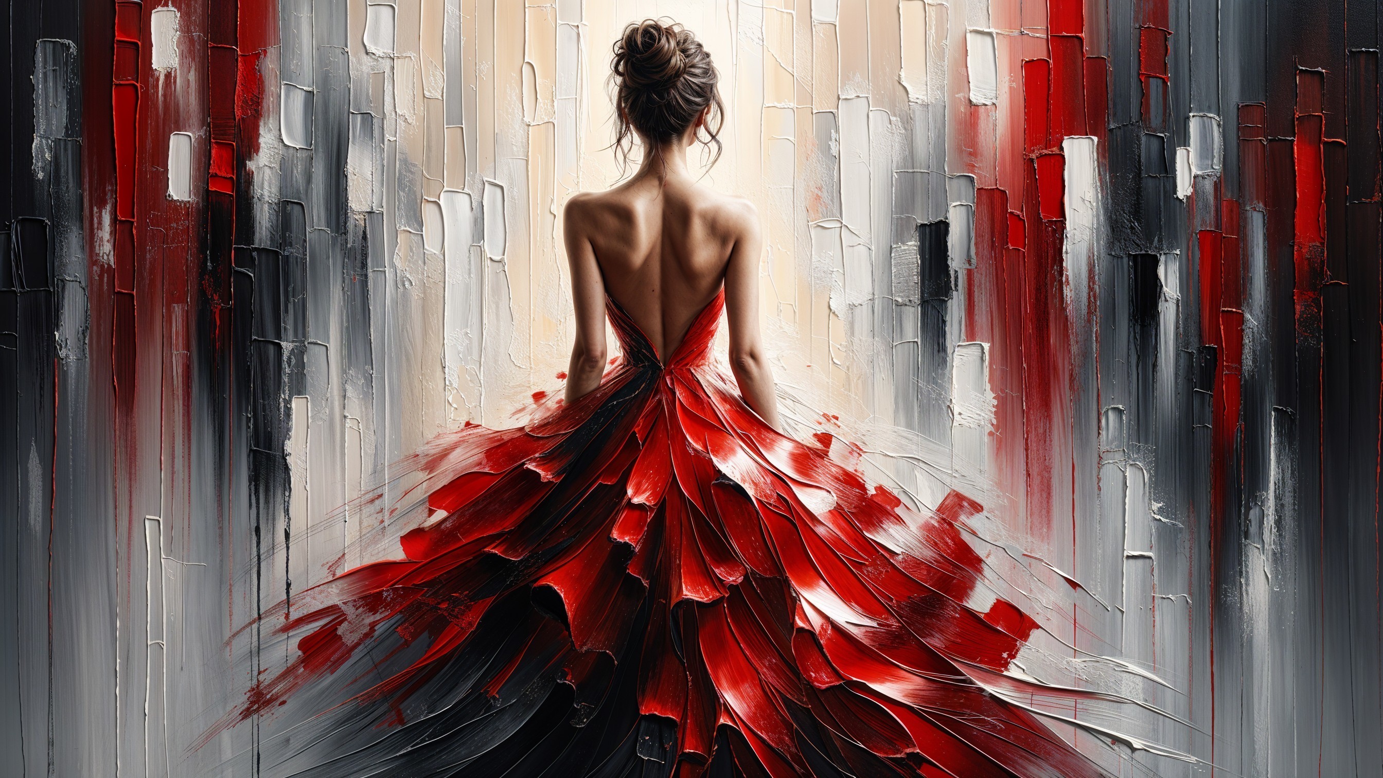 Woman in flowing red dress against abstract background