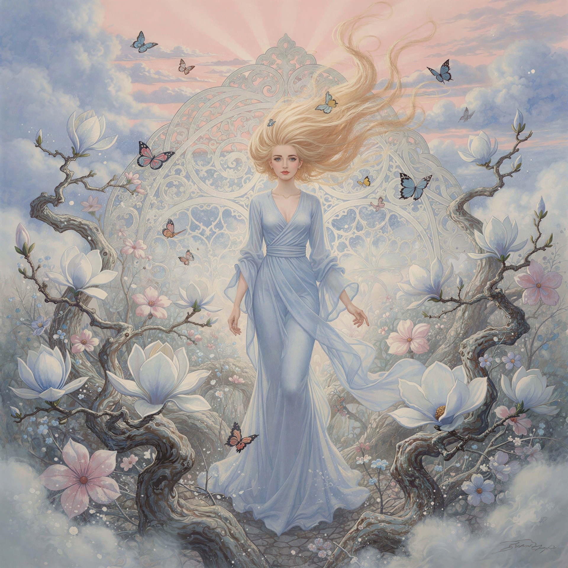 Fantasy Landscape with Woman in Blue Gown and Flowers