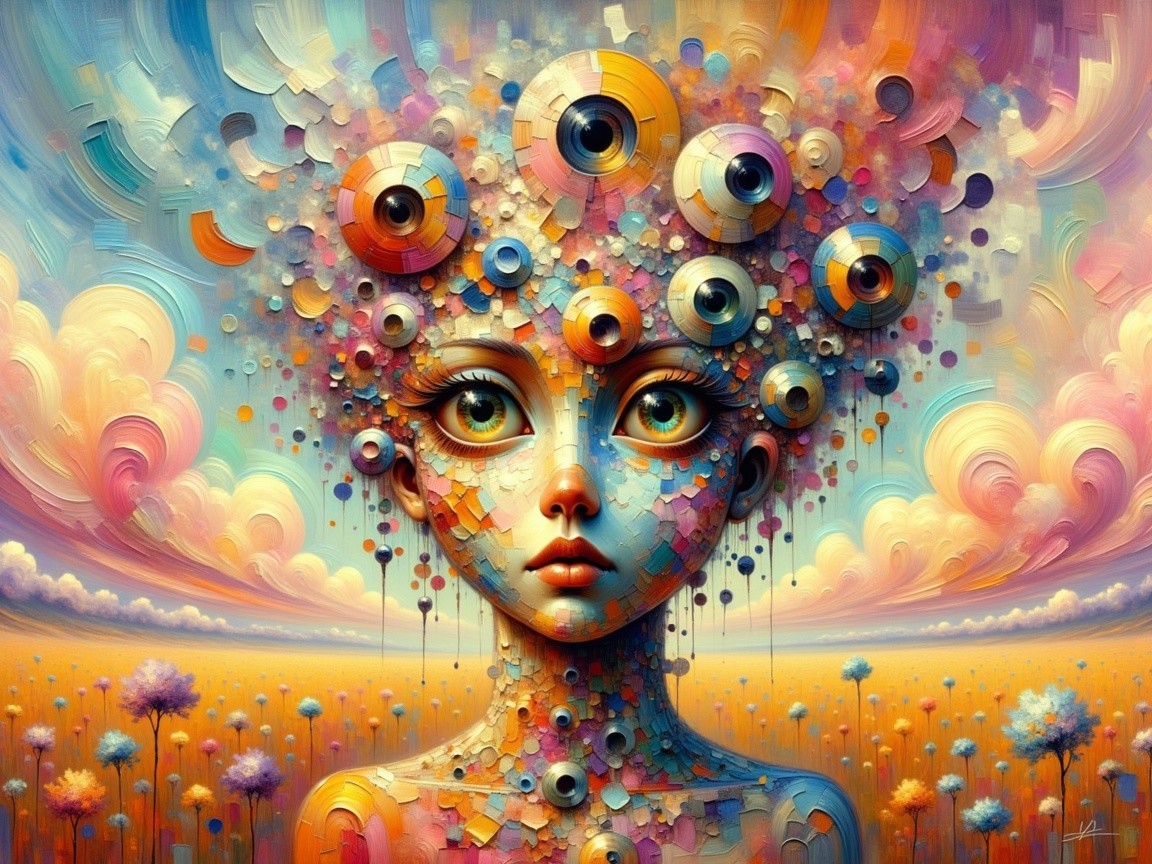 Surreal Portrait of a Woman with Colorful Geometric Hair