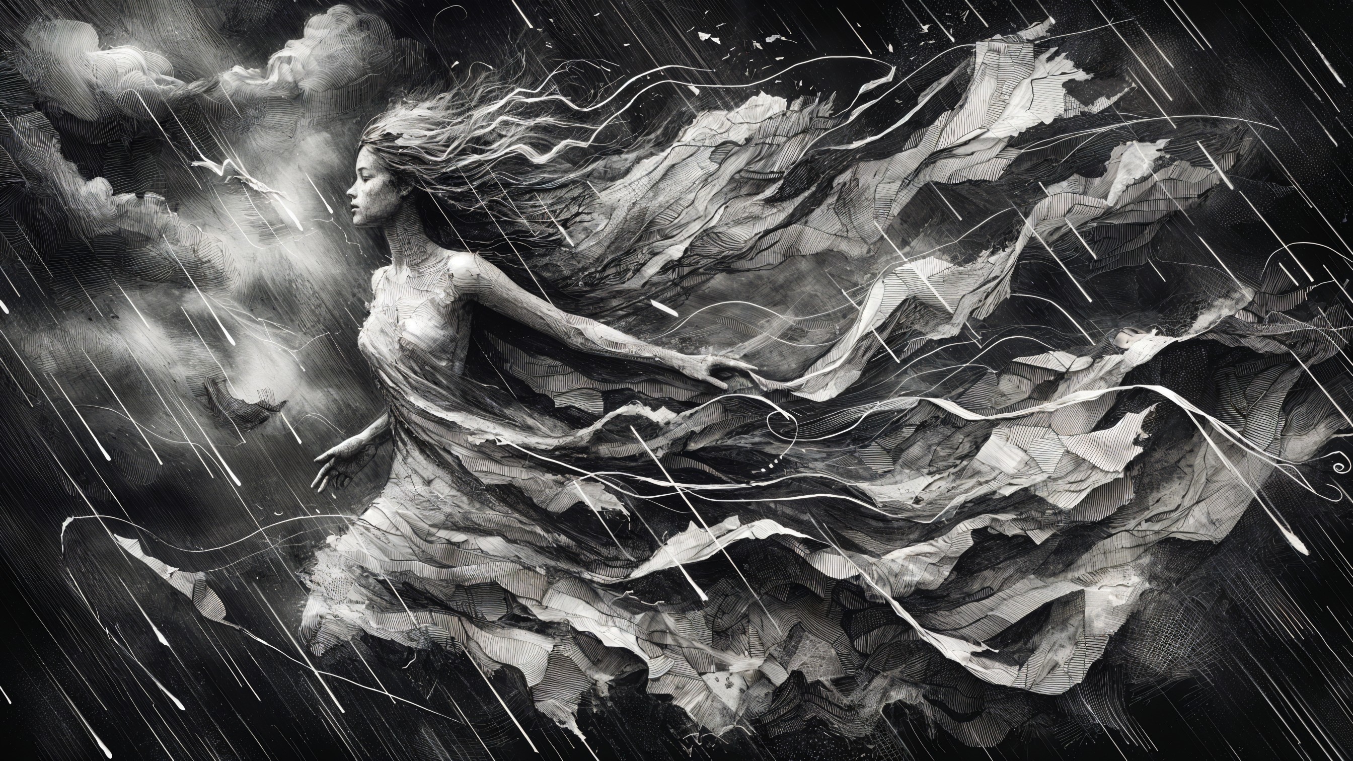 Ethereal Figure in Abstract Stormy Landscape
