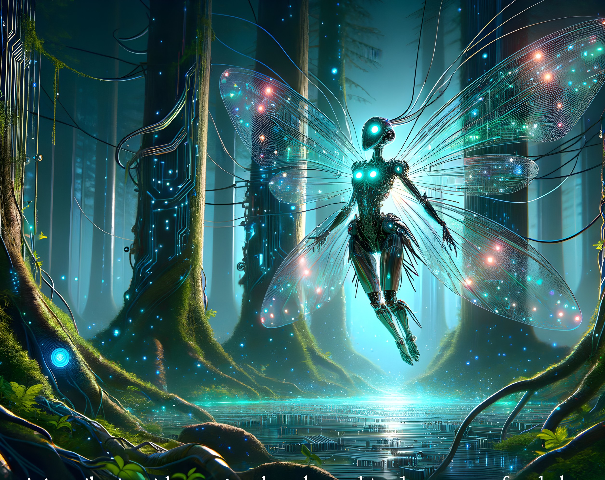 Luminescent cybernetic fairy in futuristic forest with iridescent wings