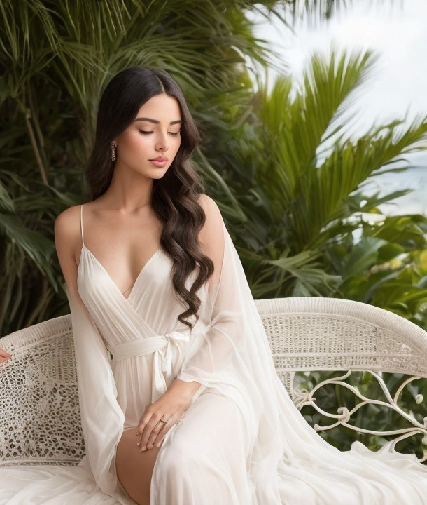 Young woman in white dress on vintage wicker chair
