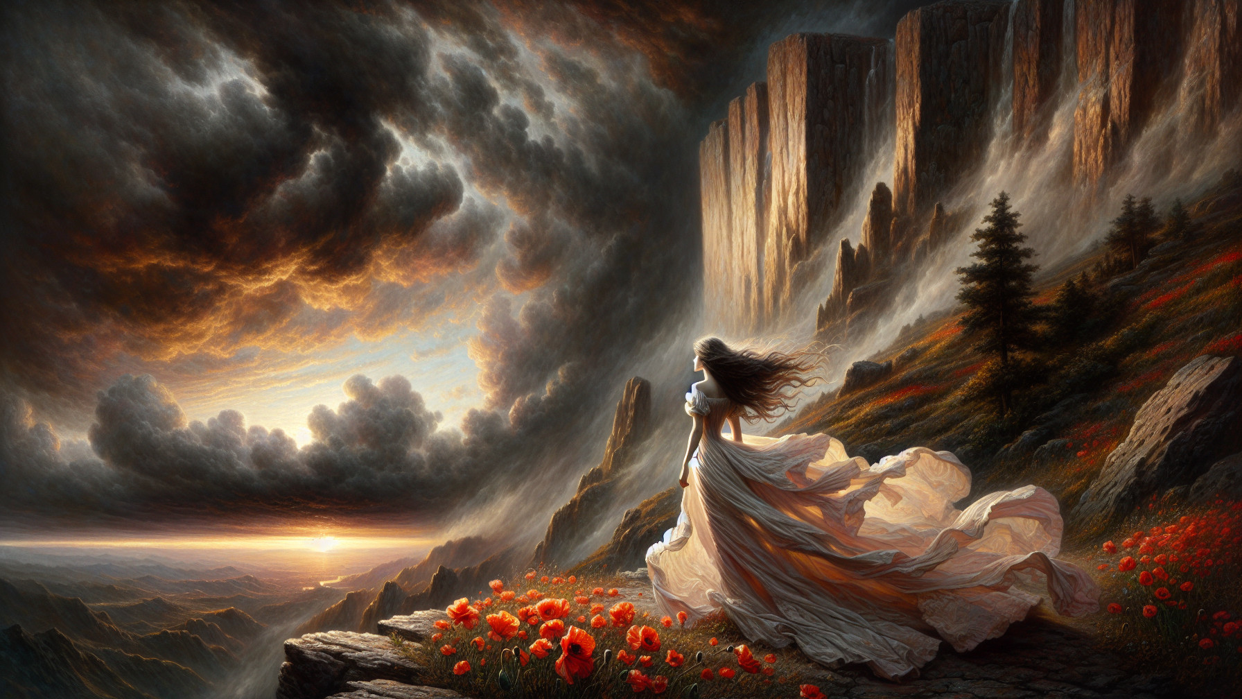Ethereal Woman on Cliff Surrounded by Poppies at Sunset
