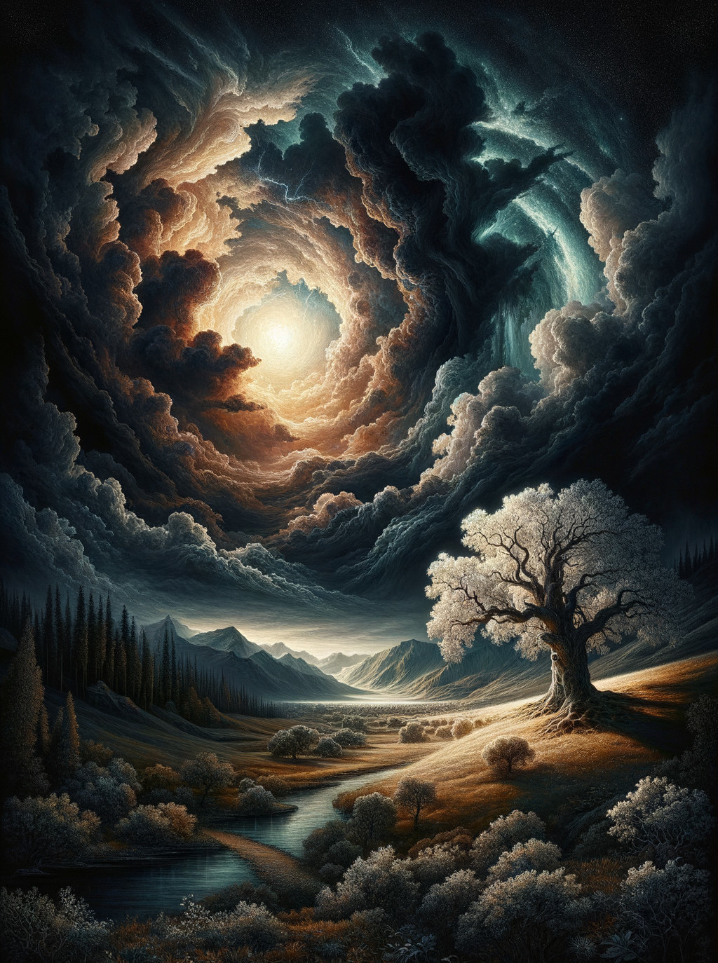 Swirling cloud formation over serene valley with glowing light