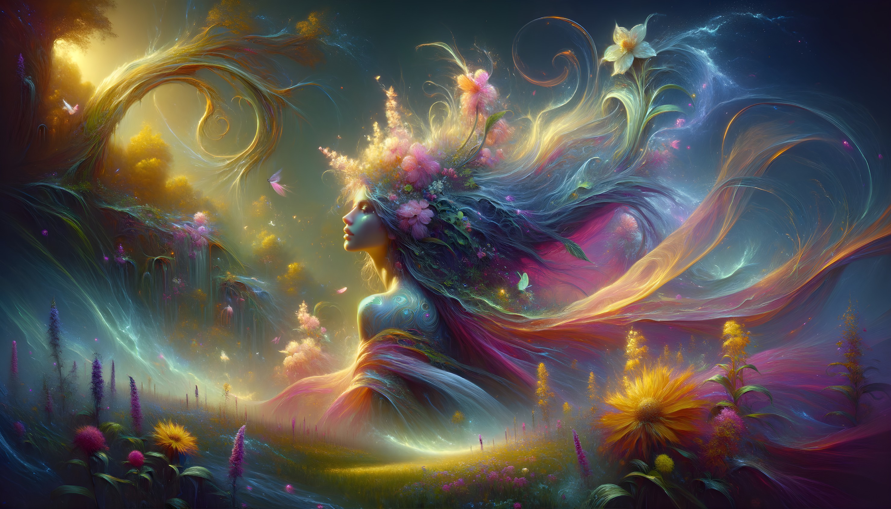 Colorful fantasy artwork: Woman with flower-adorned hair in cosmic setting