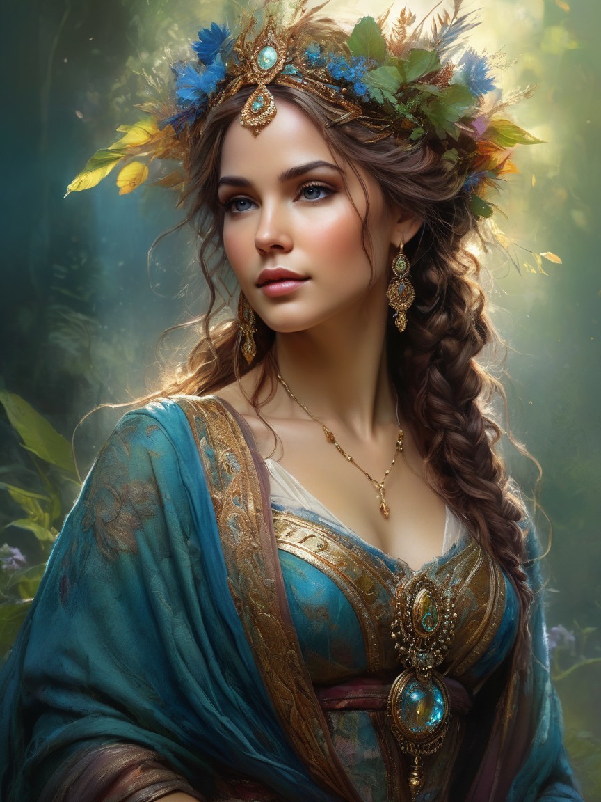 Ethereal Woman in Gold Crown and Blue Dress in Forest