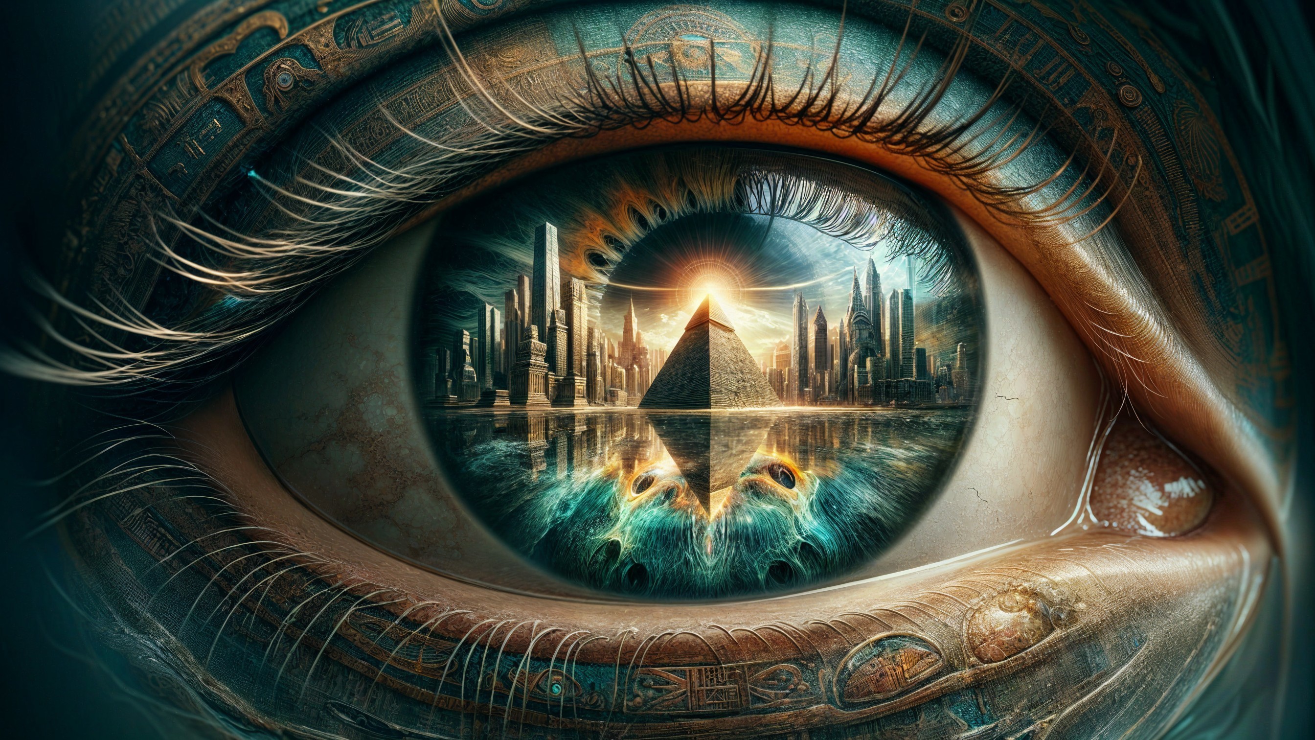Close-up of an eye reflecting a futuristic landscape