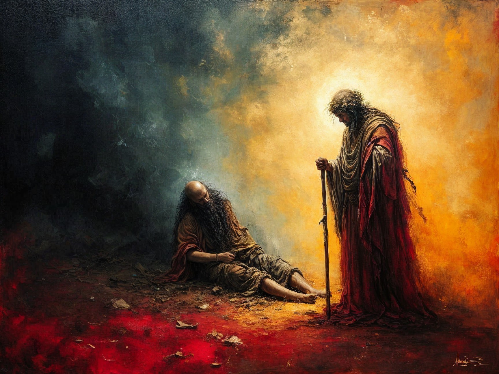 Dramatic Spiritual Encounter in Contrasting Colors