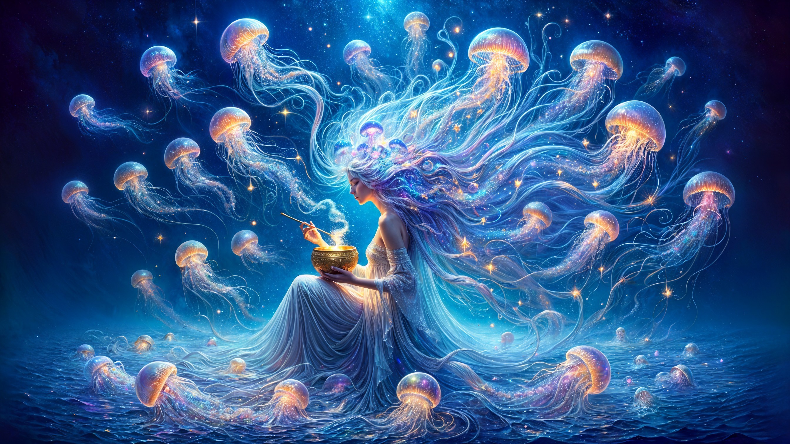 Mystical figure in serene ocean with glowing jellyfish