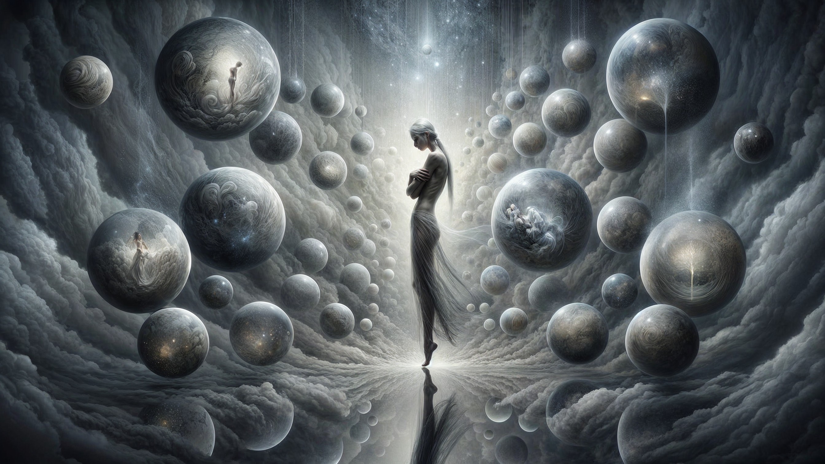 Surreal Cosmic Scene with Ethereal Spheres and Clouds