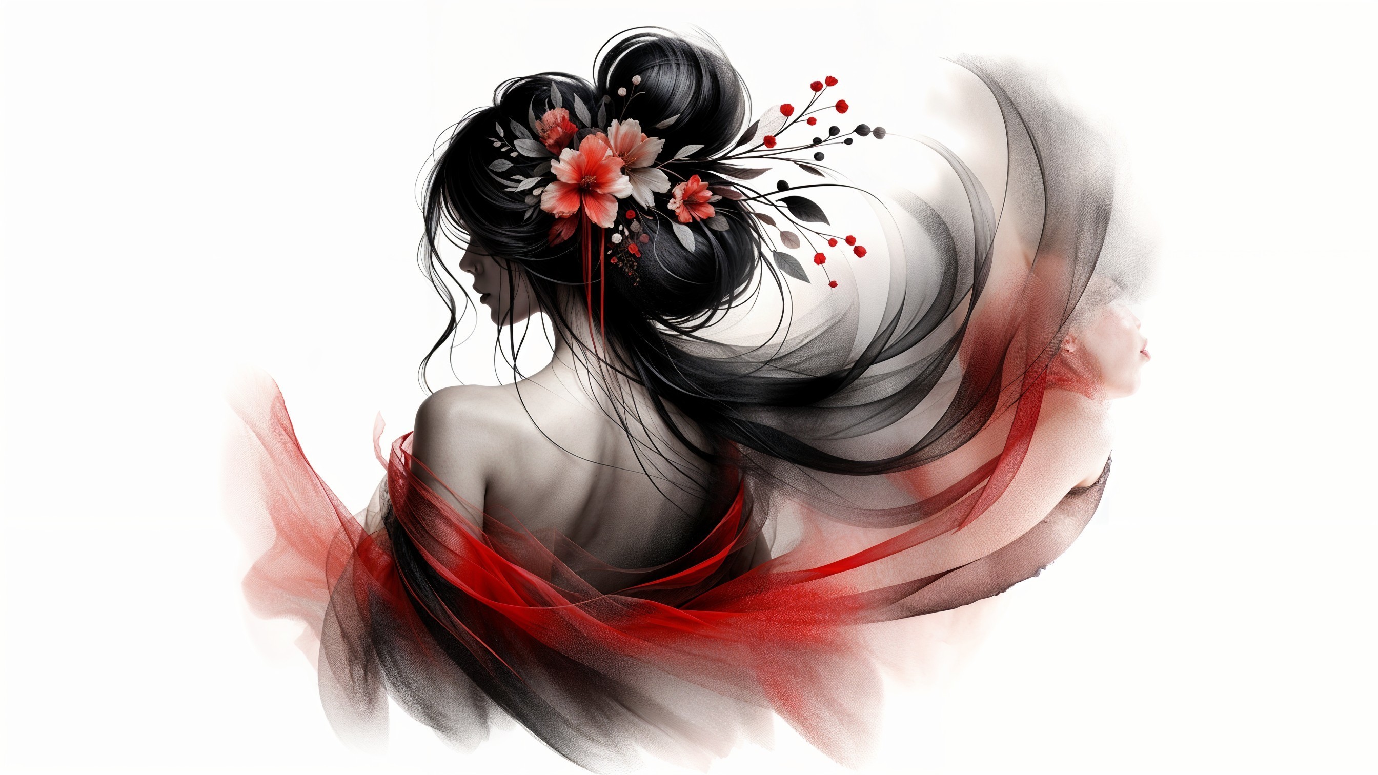 Elegant woman with black hair and vibrant flowers