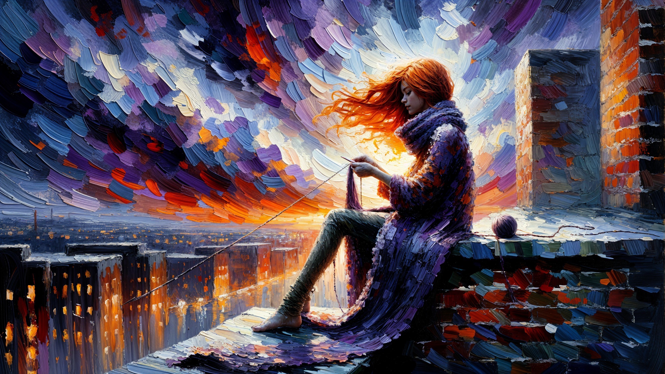Woman Knitting on Rooftop at Sunset with City View