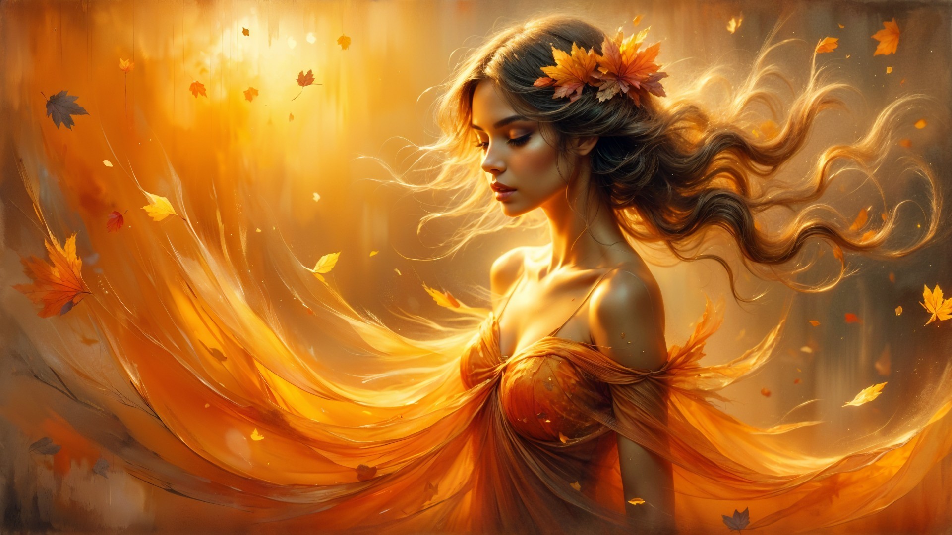 Serene Figure Surrounded by Autumn Leaves and Warmth