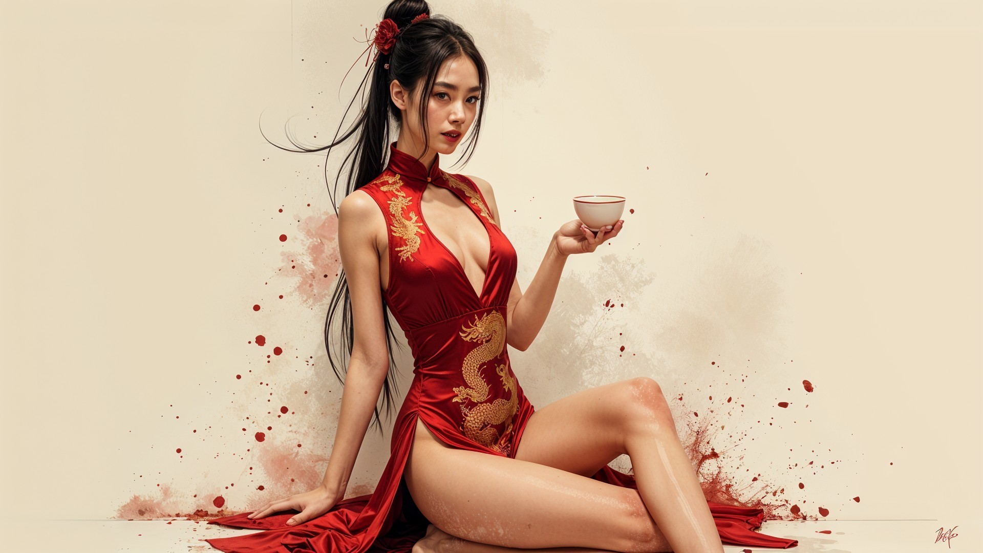 Woman in red cheongsam with golden dragon motifs