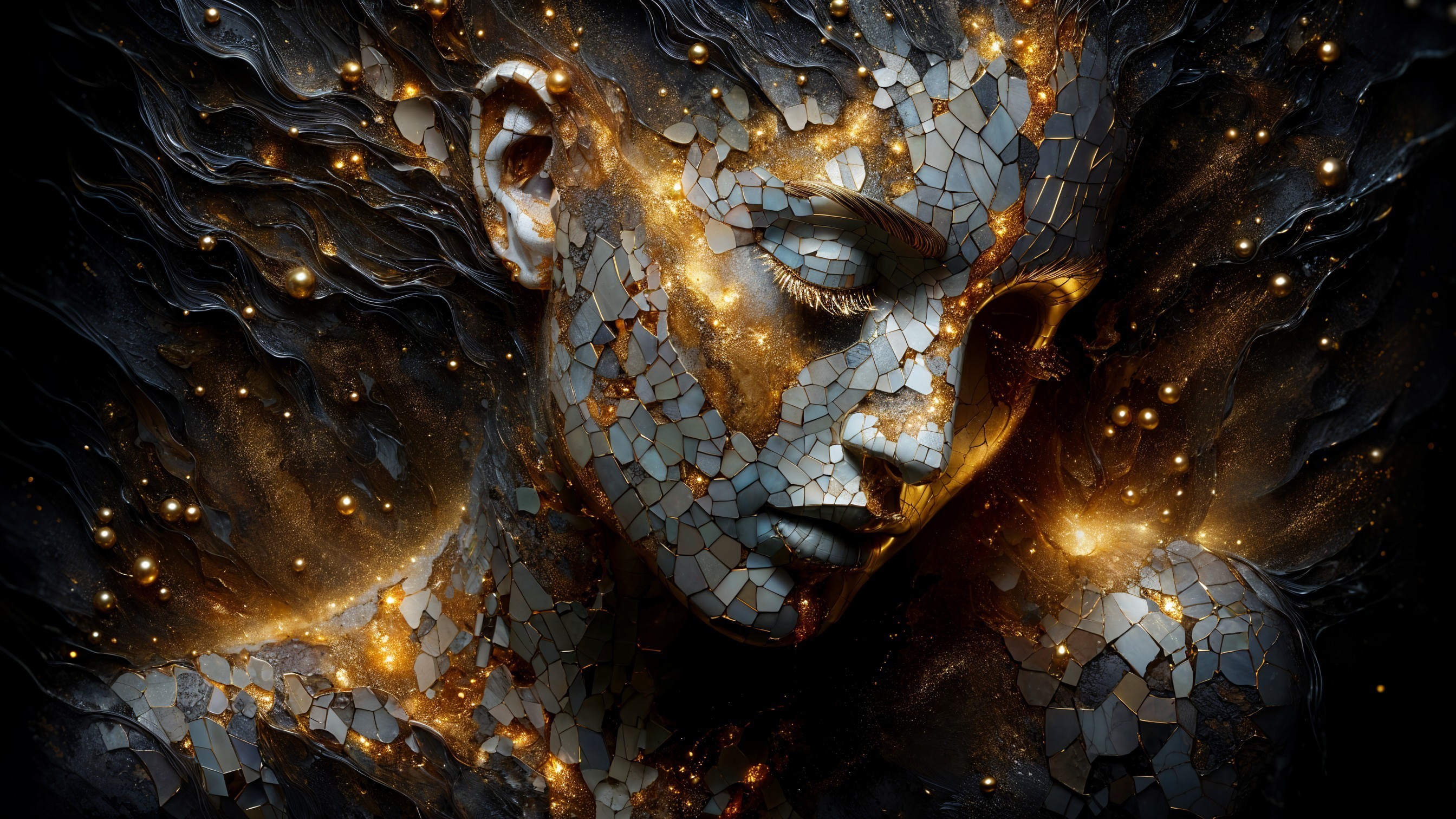 Abstract Sculpture of a Woman's Face with Reflective Surfaces