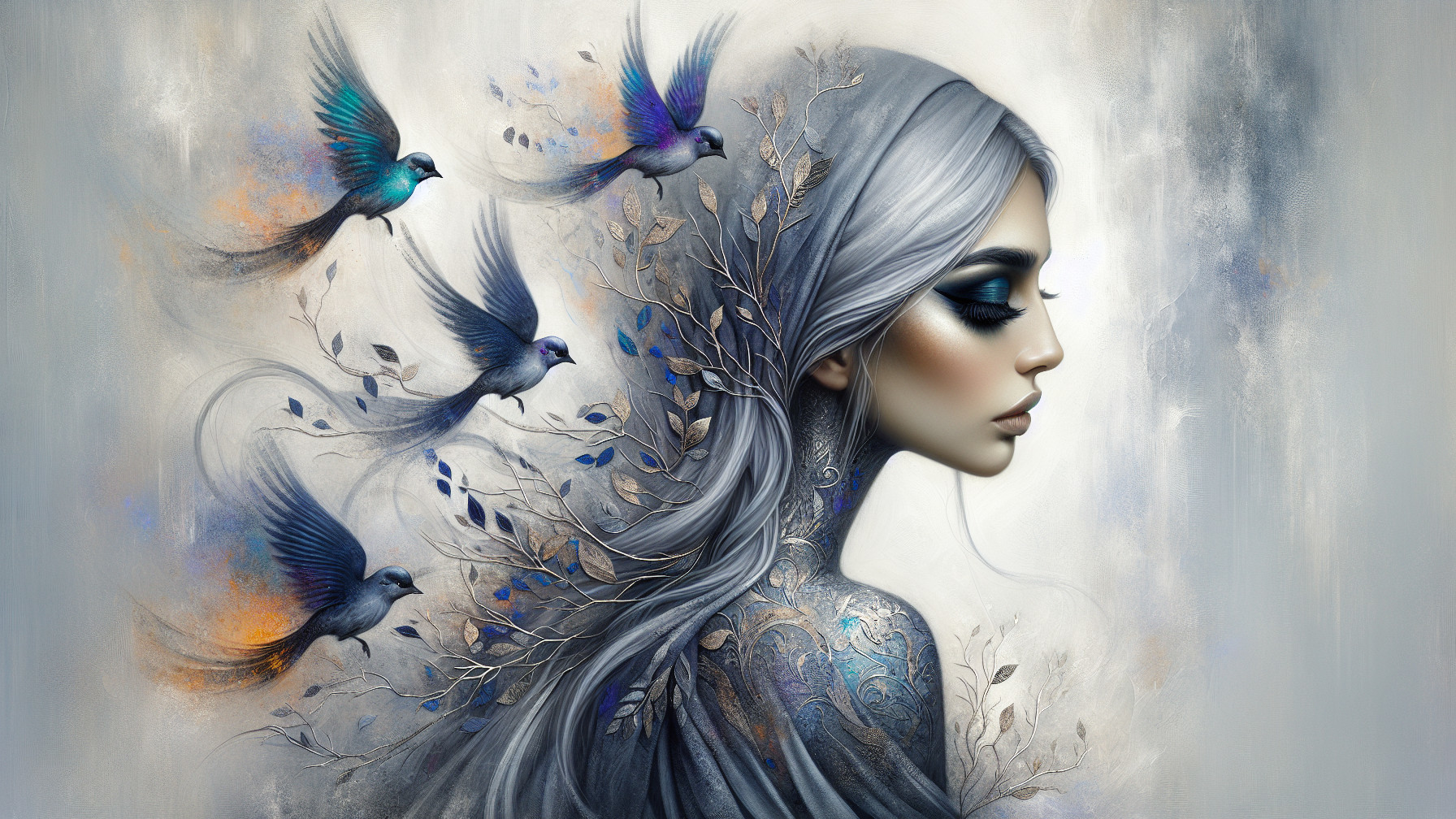 Ethereal Woman with Gray Hair and Vibrant Birds