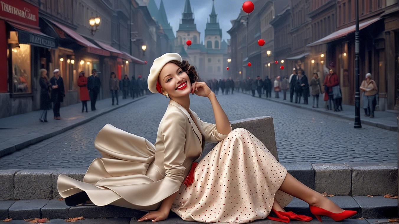Stylish Woman in Elegant Outfit on Cobblestone Street