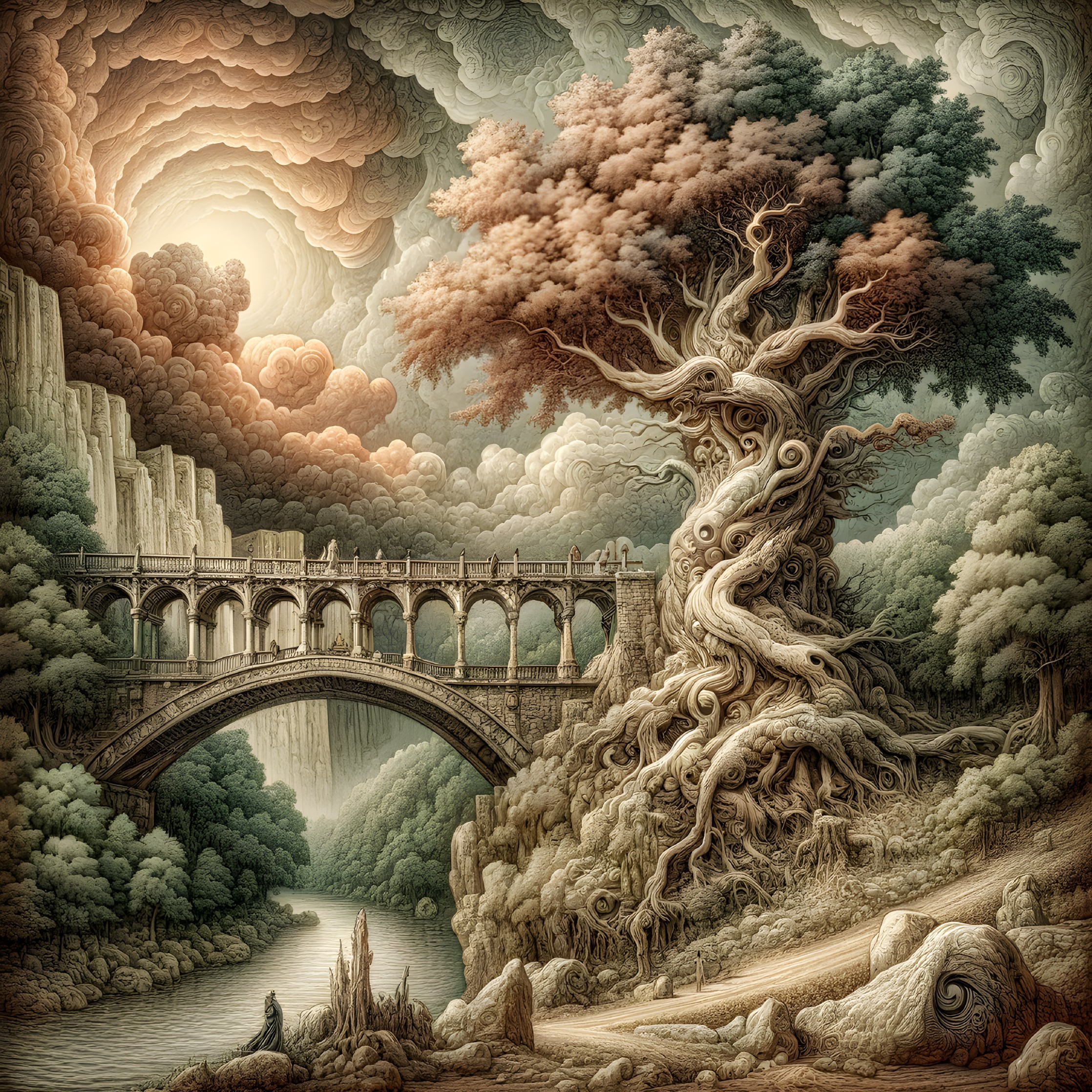 Majestic tree, ornate bridge, lush foliage in fantasy landscape