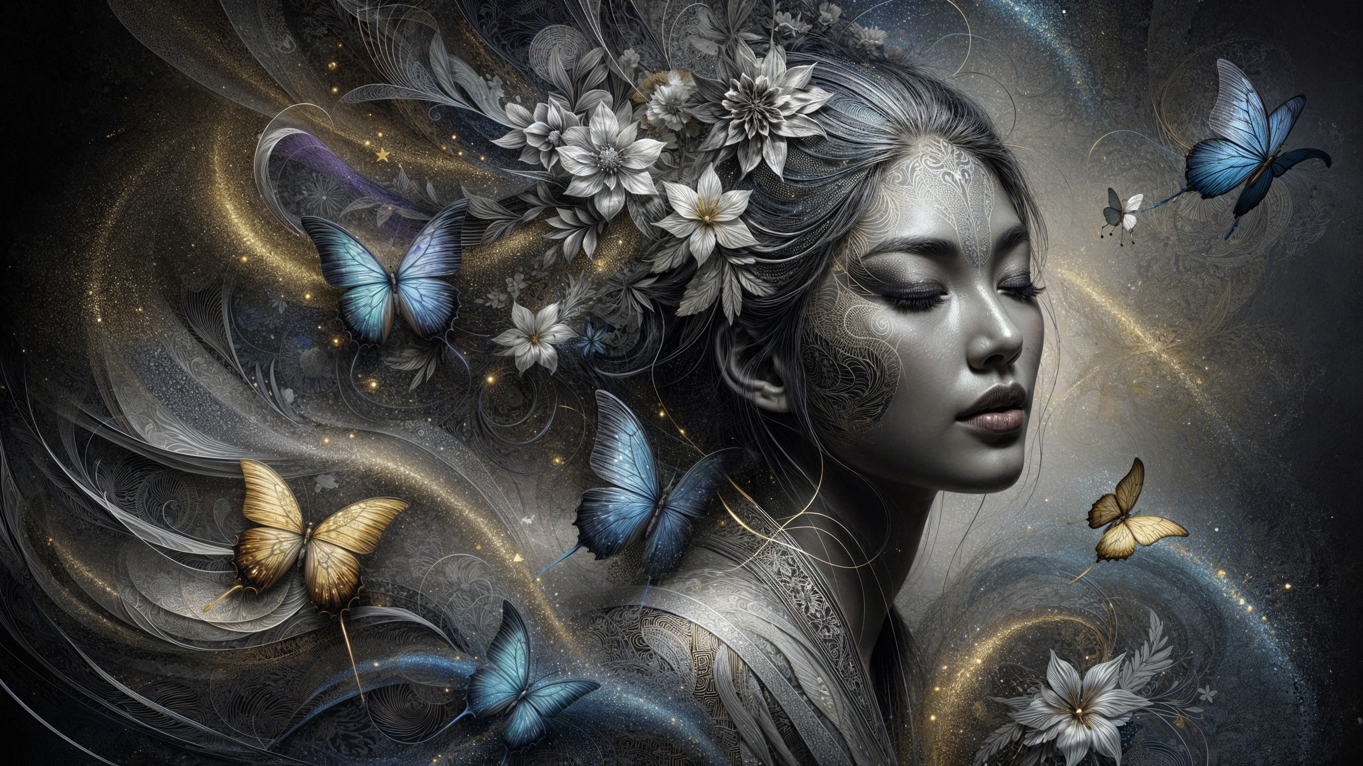 Ethereal Woman Surrounded by Butterflies and Light