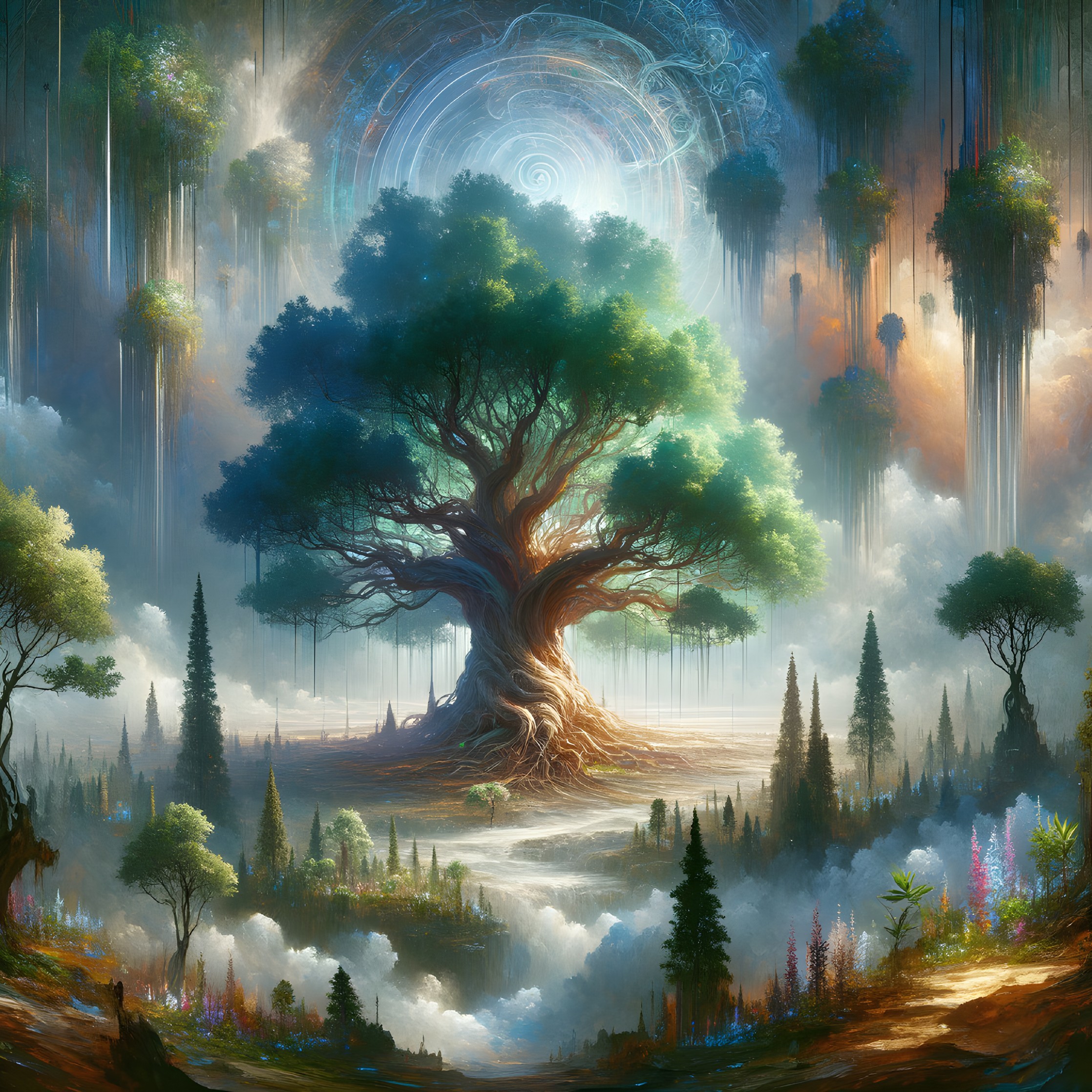 Majestic tree in ethereal forest with swirling sky portal