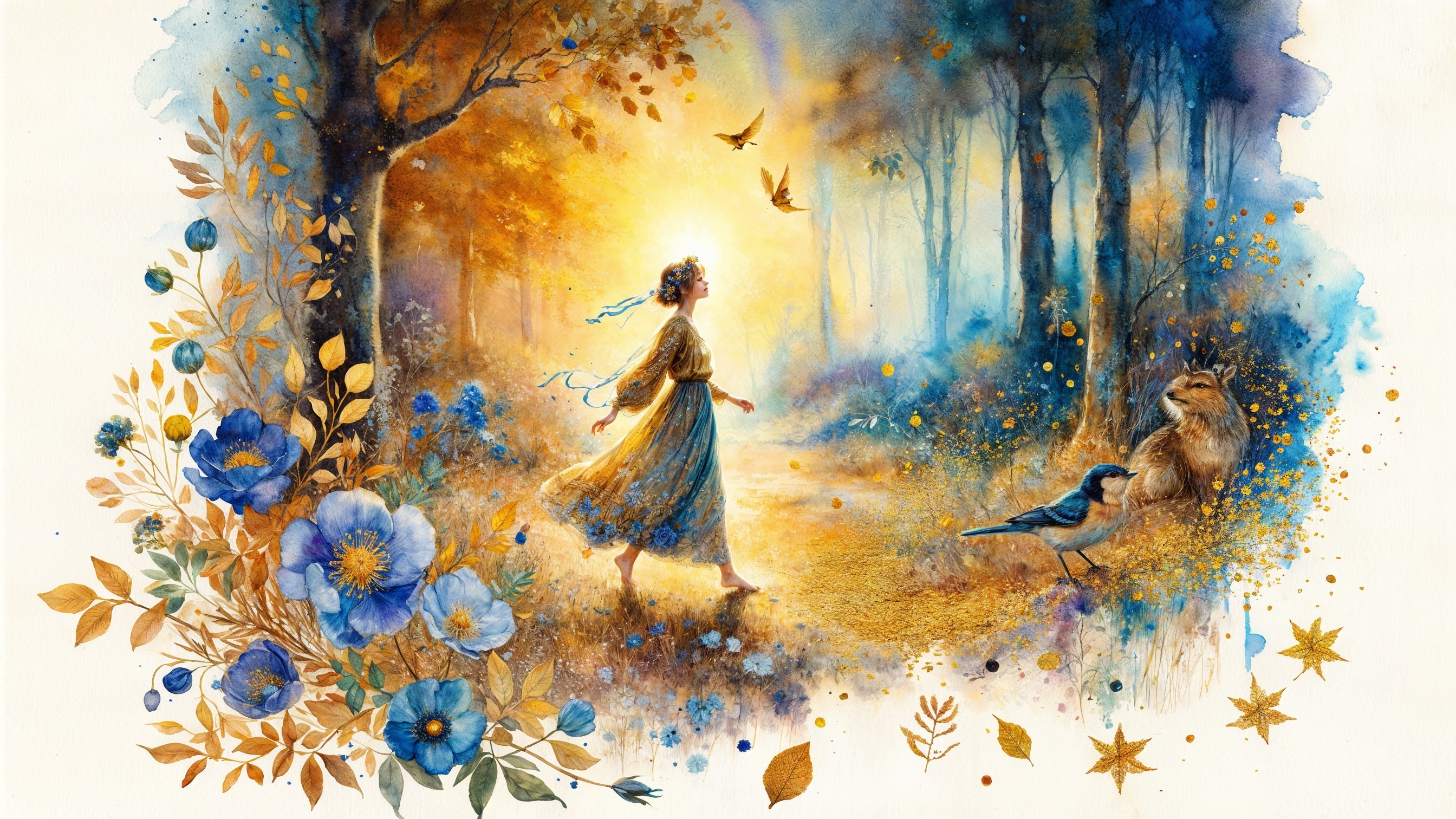 Whimsical Forest Scene with Young Woman in Blue Dress