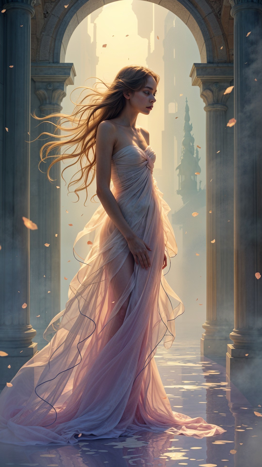 Ethereal Figure Among Ancient Columns and Dreamy Landscape