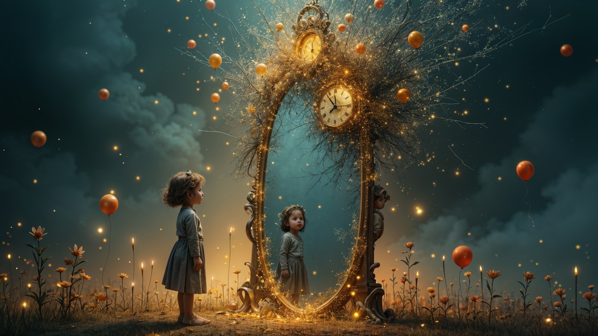 Whimsical Scene of a Girl and an Enchanted Mirror