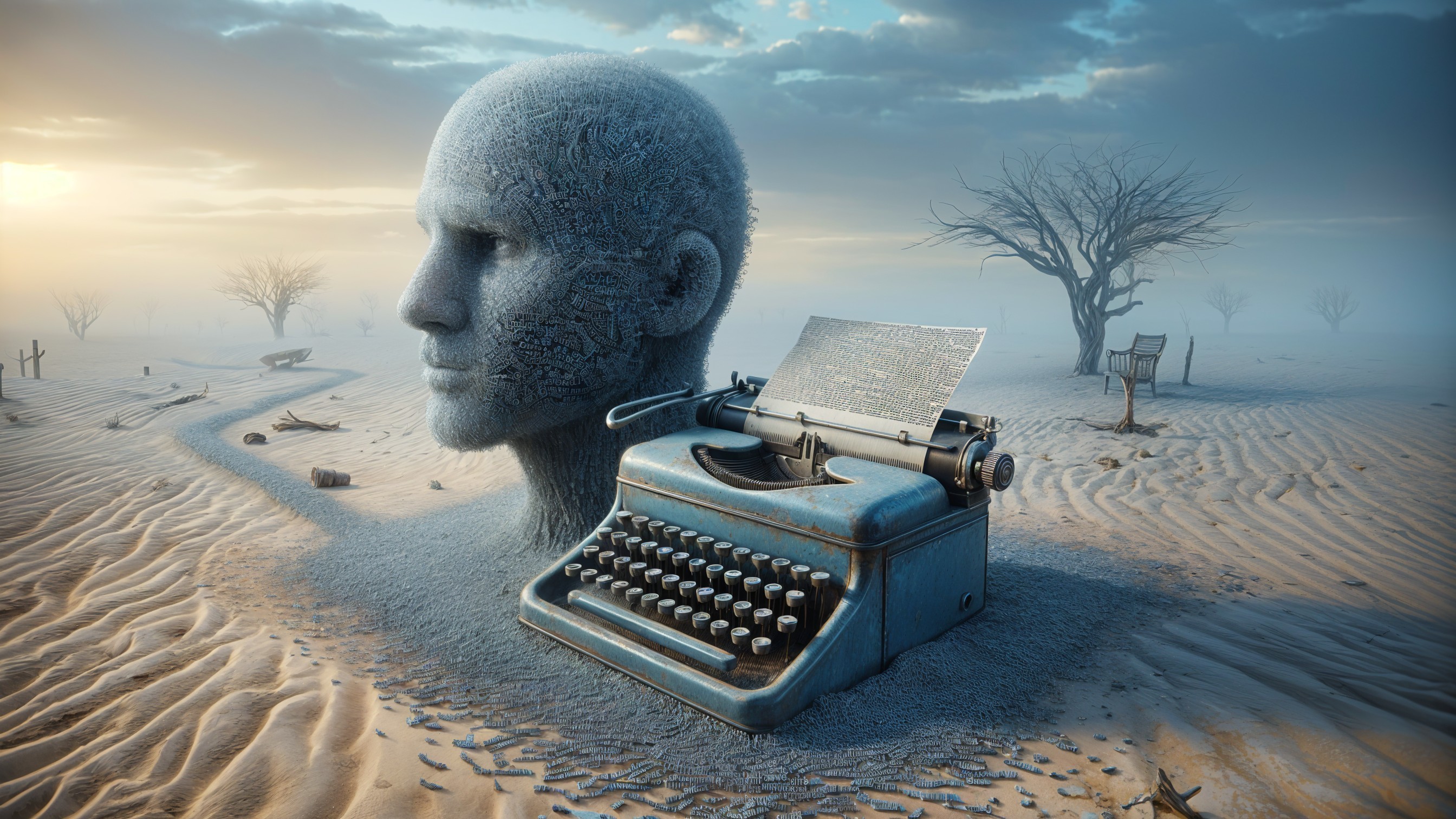 Surreal Landscape with Head and Typewriter Elements