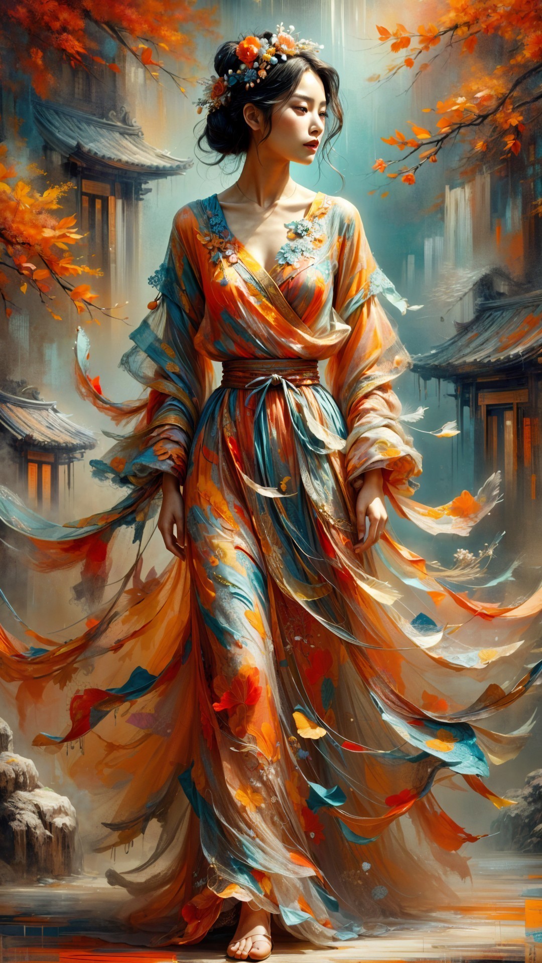 Woman in colorful autumn gown with serene backdrop