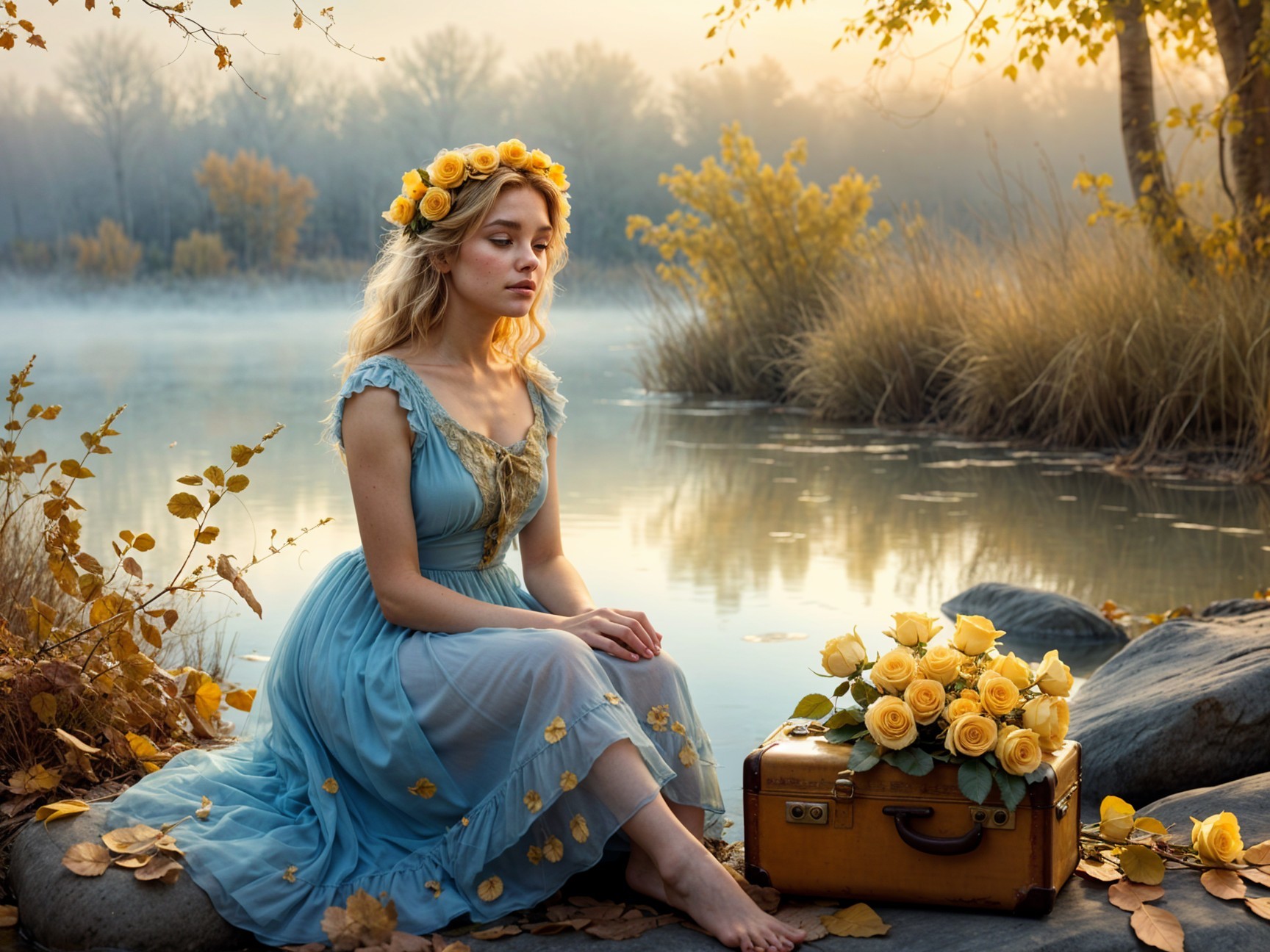 Young Woman in Floral Dress by Misty Lake at Sunset
