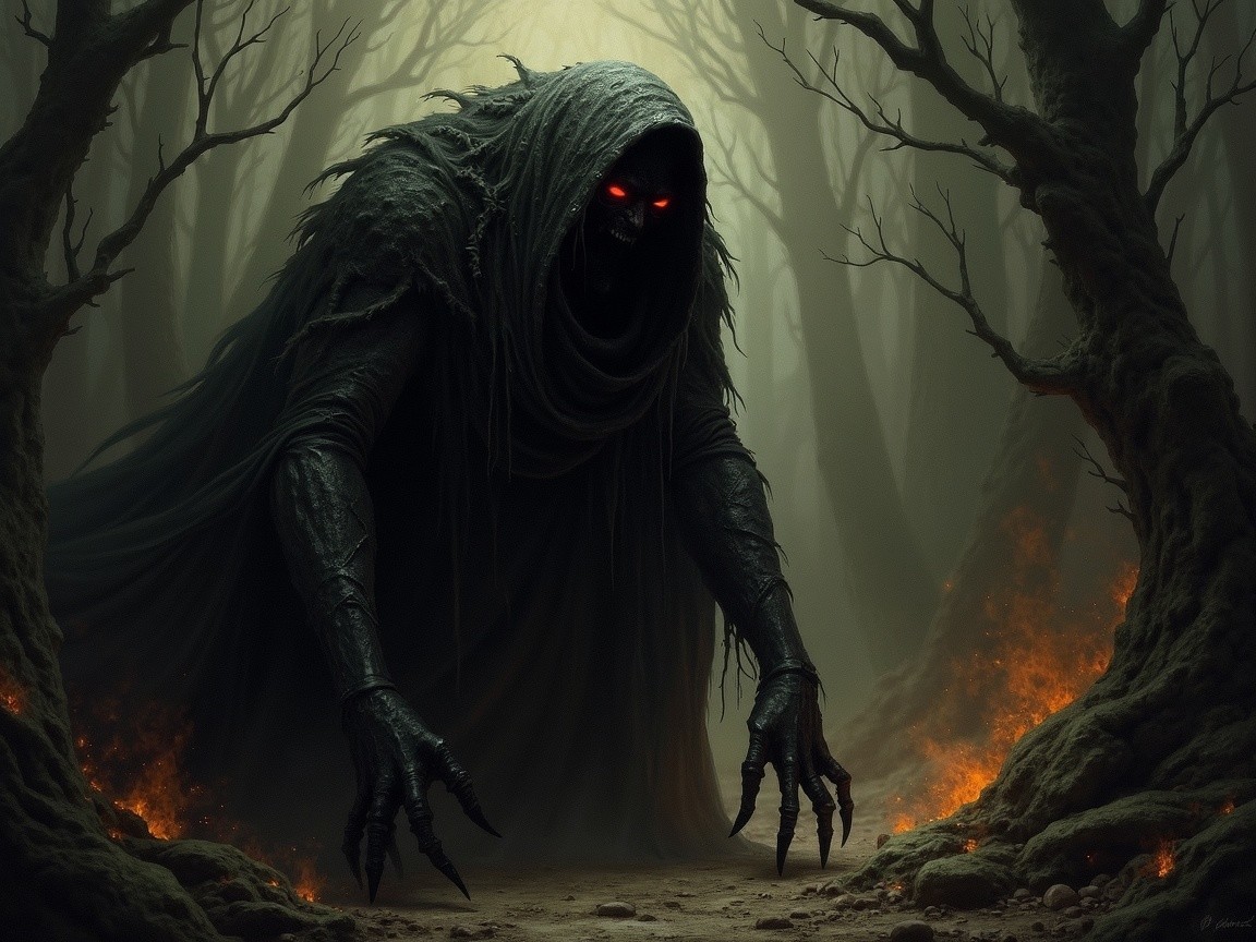 Sinister Figure in a Dark Misty Forest Setting