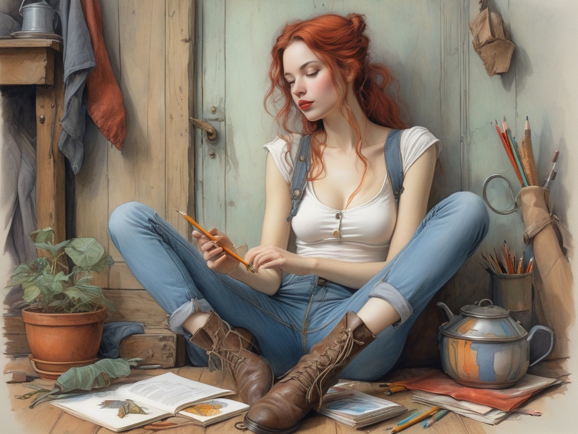 Young woman with red hair in cozy creative room