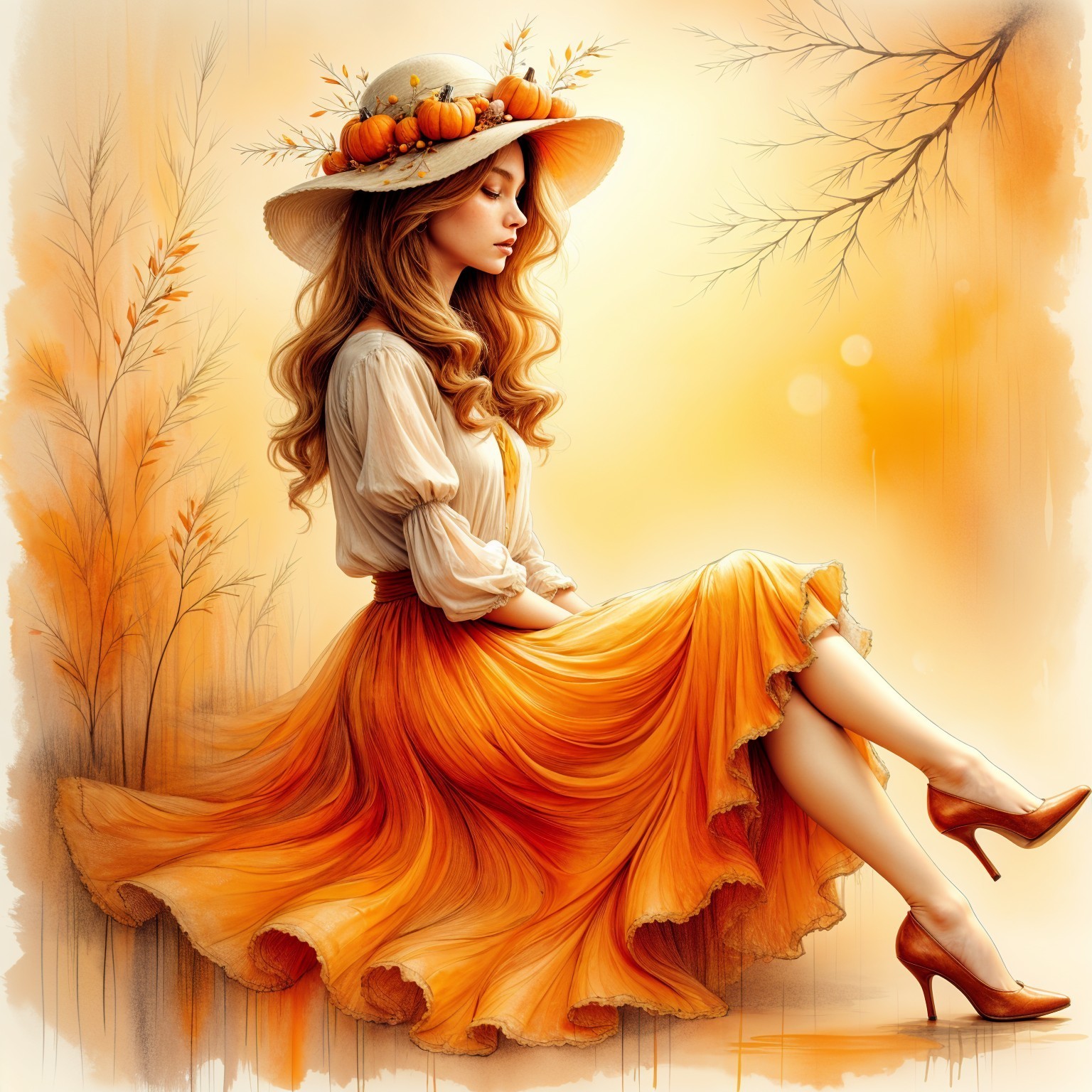 Young Woman in Autumn Setting with Orange Skirt