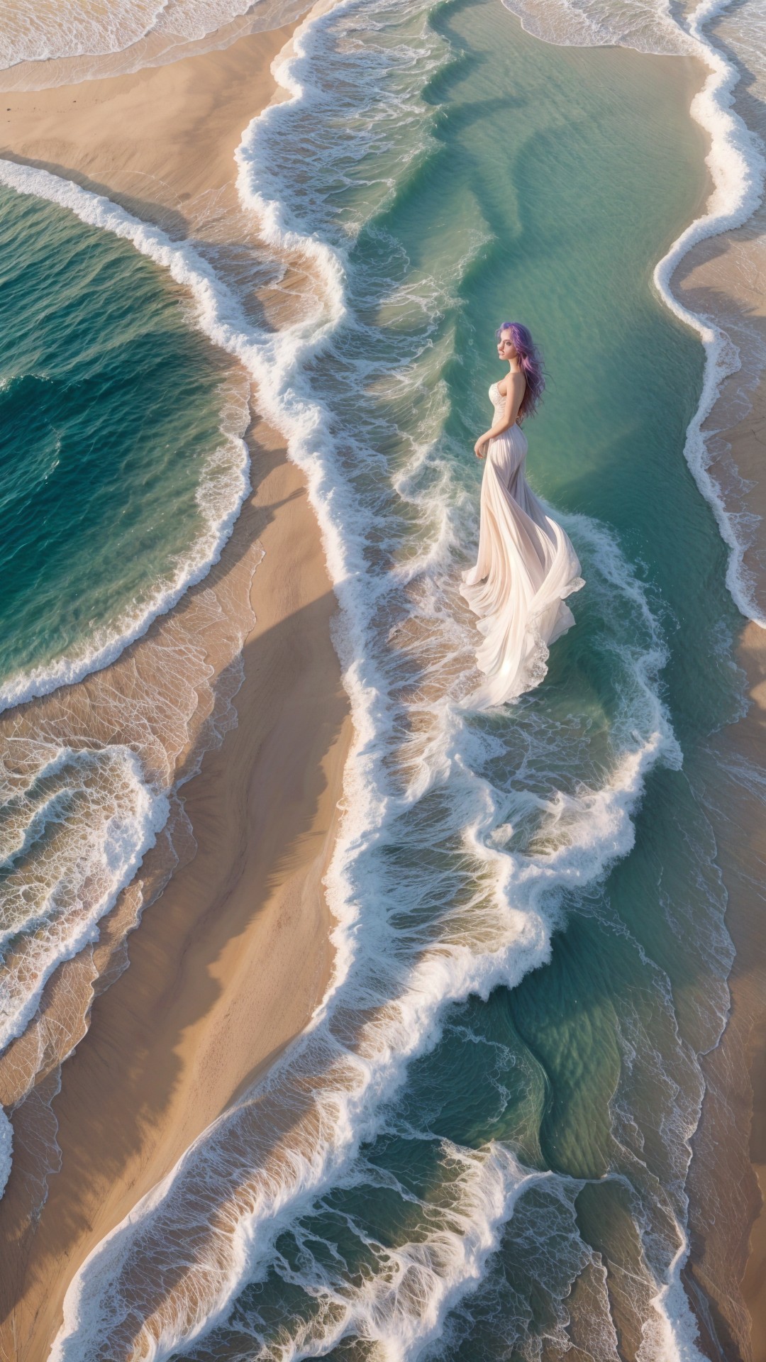 Serene beach scene with figure in white dress and waves