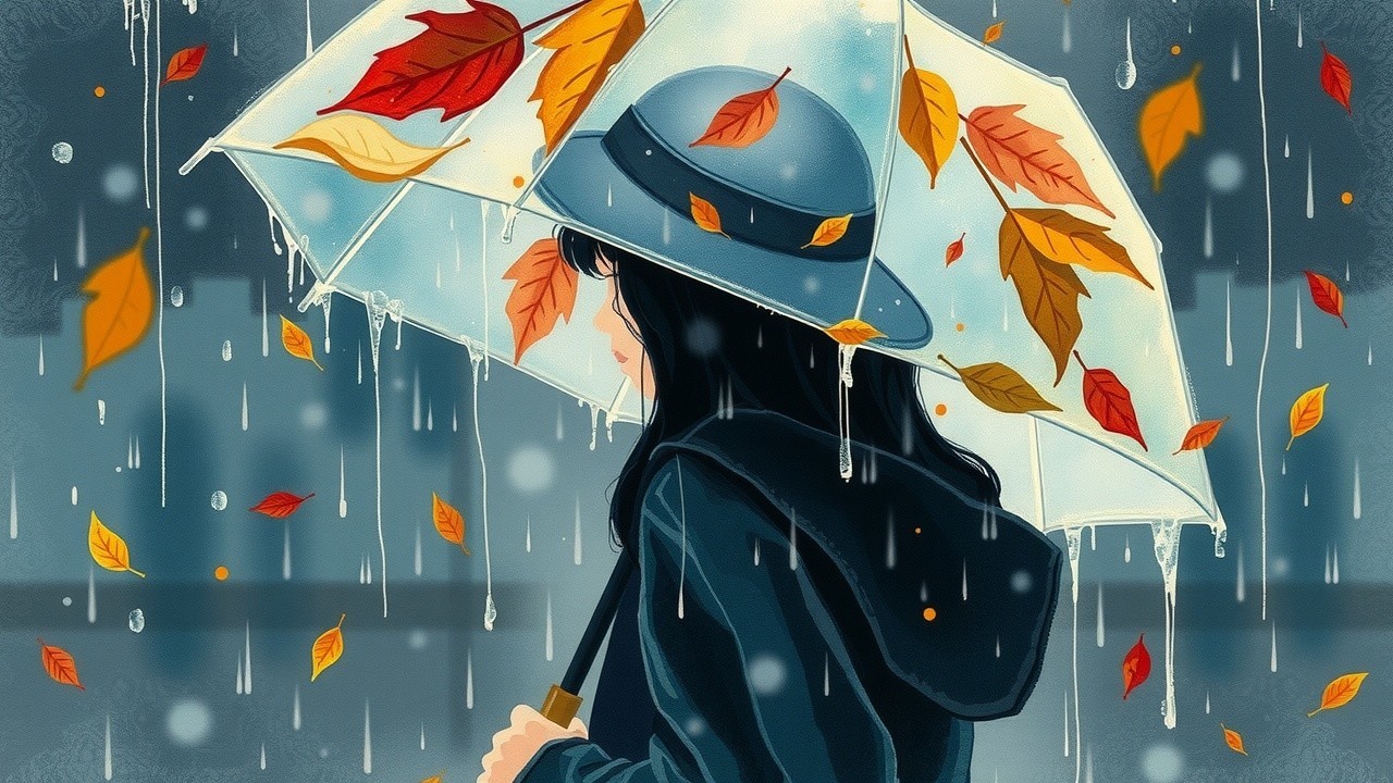 Girl with Umbrella Surrounded by Autumn Leaves